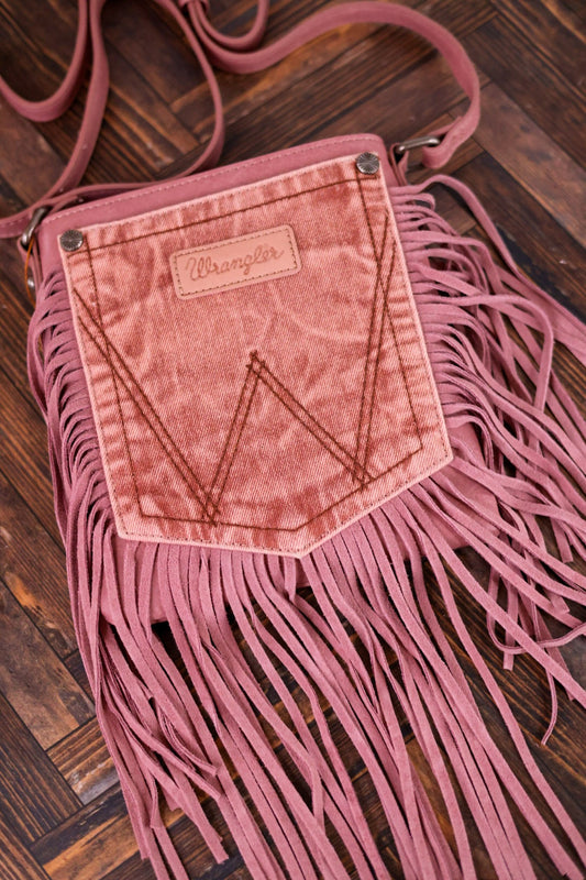 Wrangler Pink Leather Fringe Denim Crossbody Bag - Whiskey Skies - MONTANA WEST