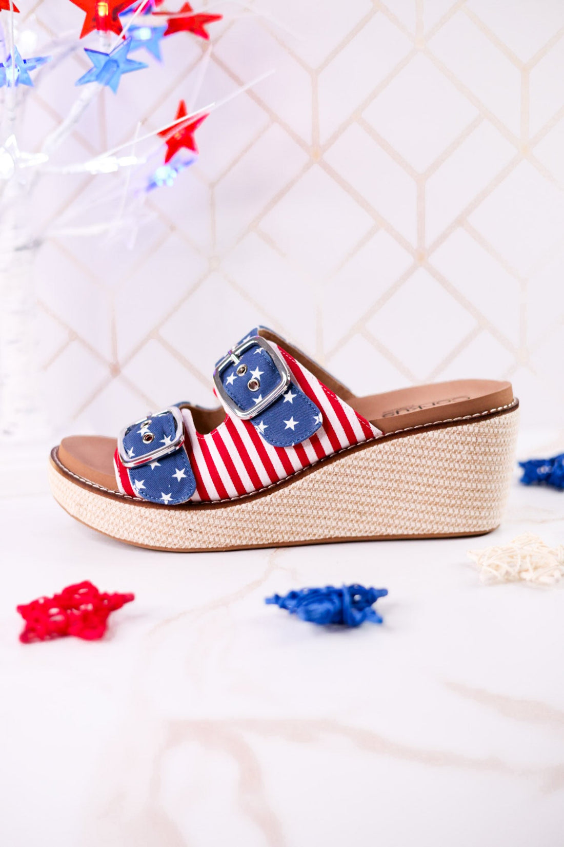 "Yeah Okay" Americana Wedges With Woven Heel - Whiskey Skies - CORKYS FOOTWEAR