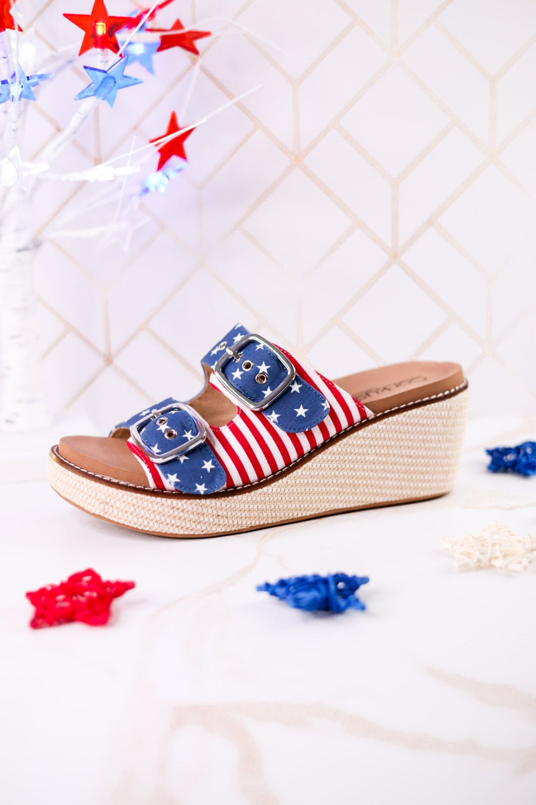 "Yeah Okay" Americana Wedges With Woven Heel - Whiskey Skies - CORKYS FOOTWEAR