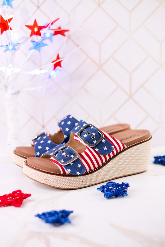 "Yeah Okay" Americana Wedges With Woven Heel - Whiskey Skies - CORKYS FOOTWEAR