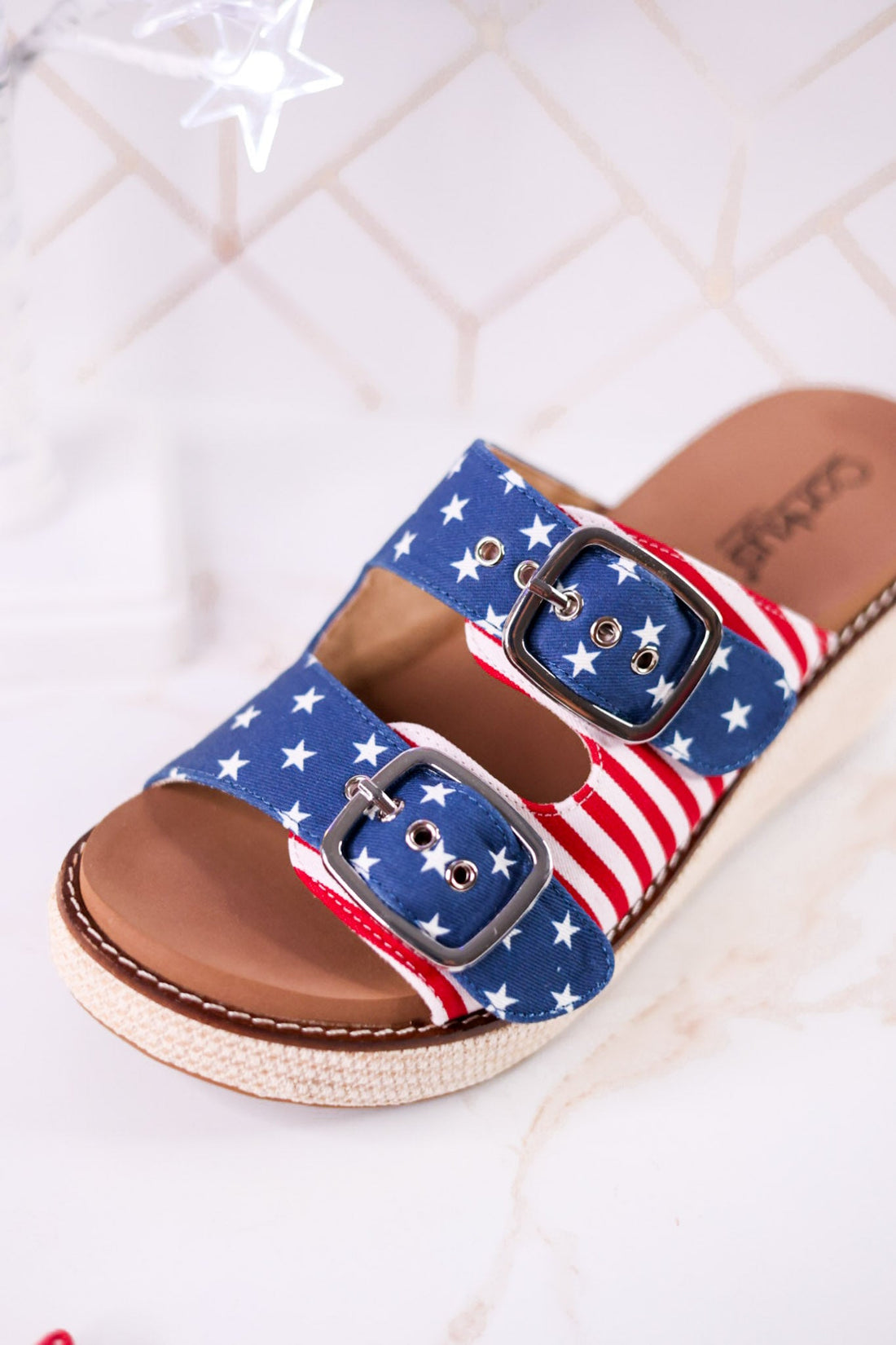 "Yeah Okay" Americana Wedges With Woven Heel - Whiskey Skies - CORKYS FOOTWEAR
