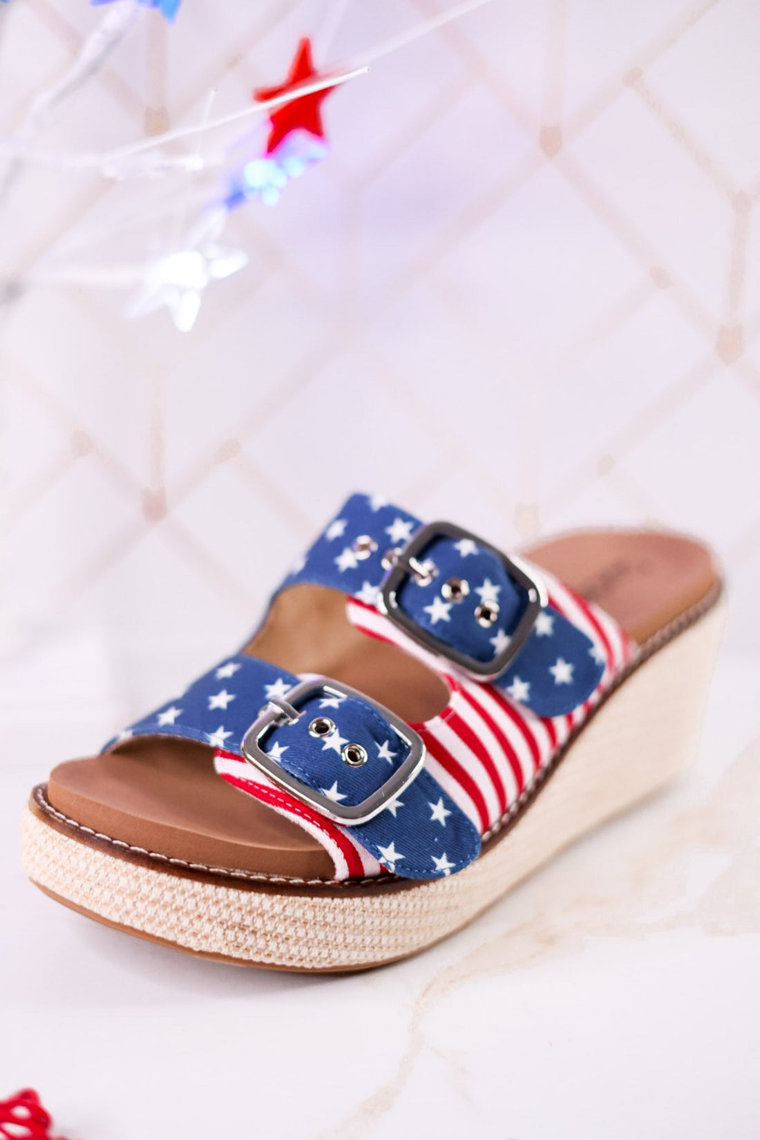 "Yeah Okay" Americana Wedges With Woven Heel - Whiskey Skies - CORKYS FOOTWEAR