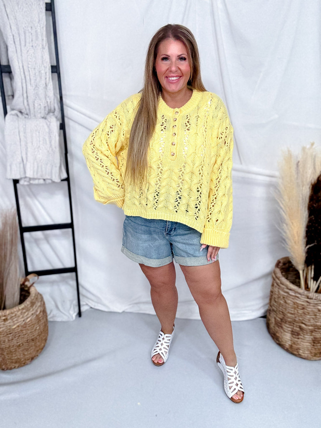 Yellow Cable Knit Sweater With Rolled Sleeves - Whiskey Skies - BIBI