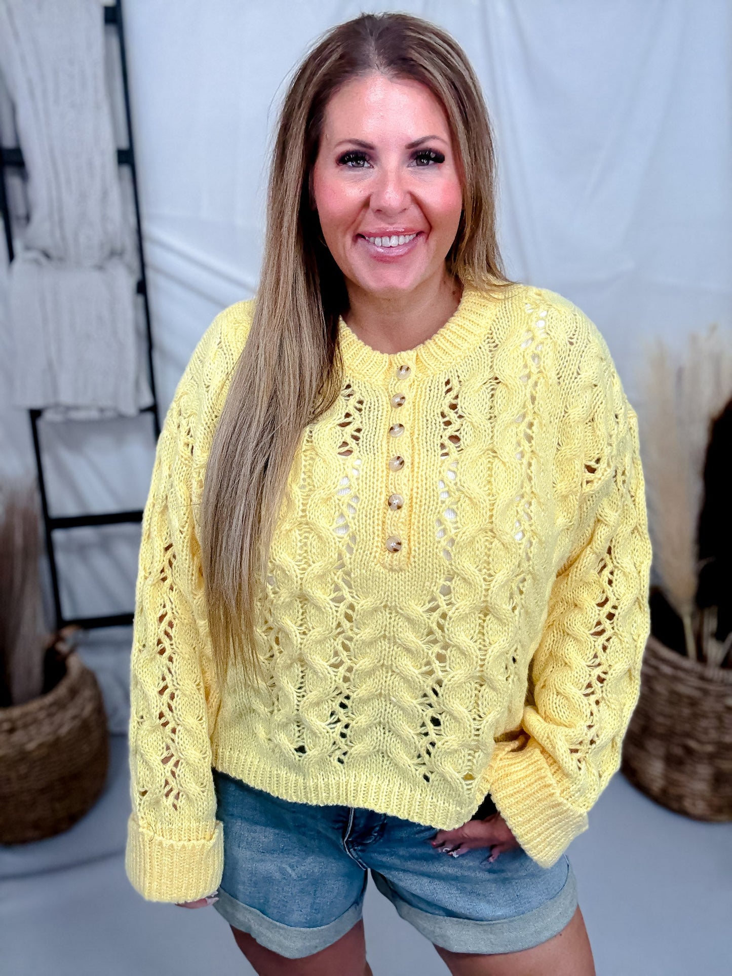 Yellow Cable Knit Sweater With Rolled Sleeves - Whiskey Skies - BIBI