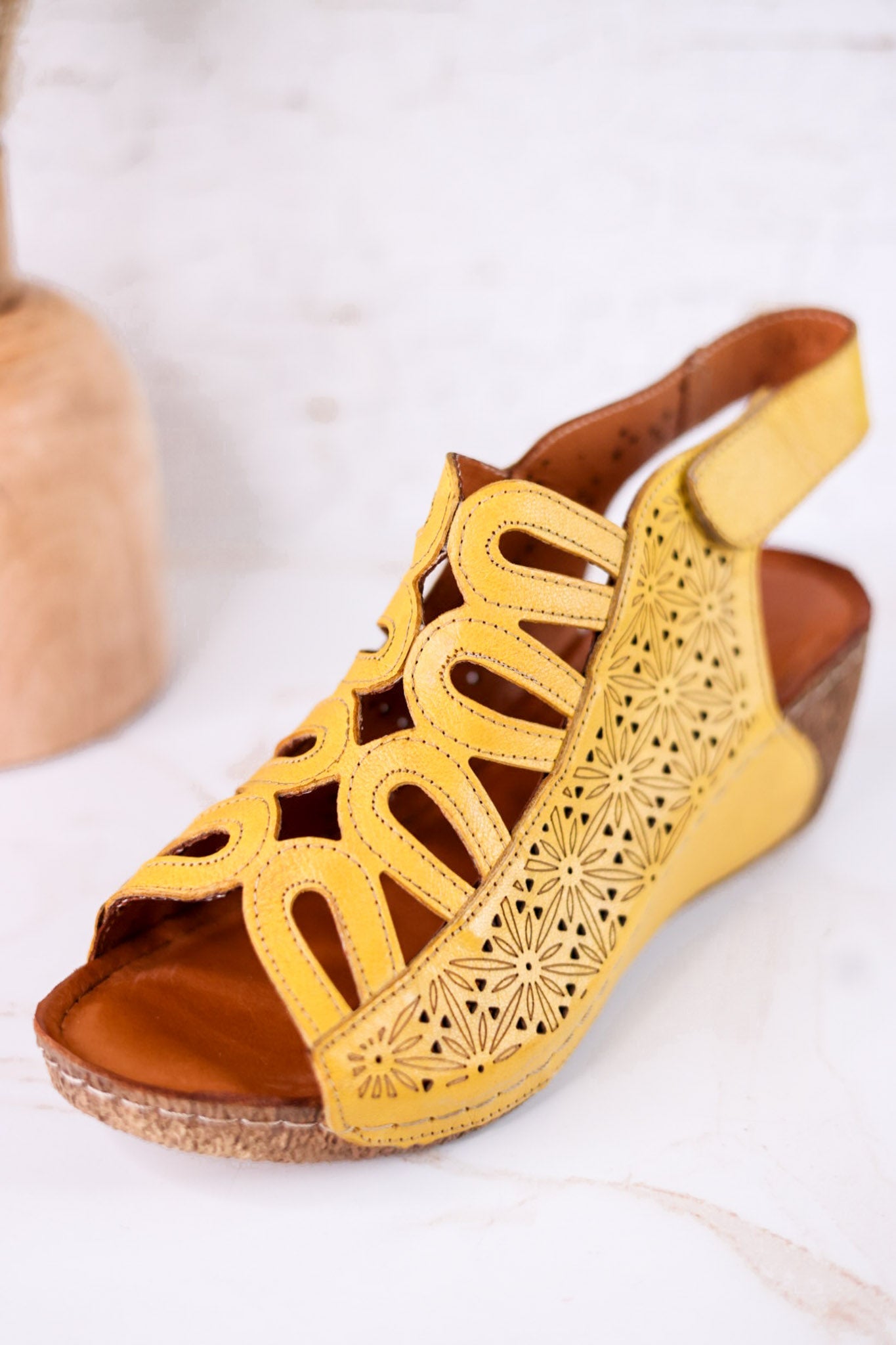 Yellow Leather Inocencia Wedge Sandals - Whiskey Skies - SPRING FOOTWEAR