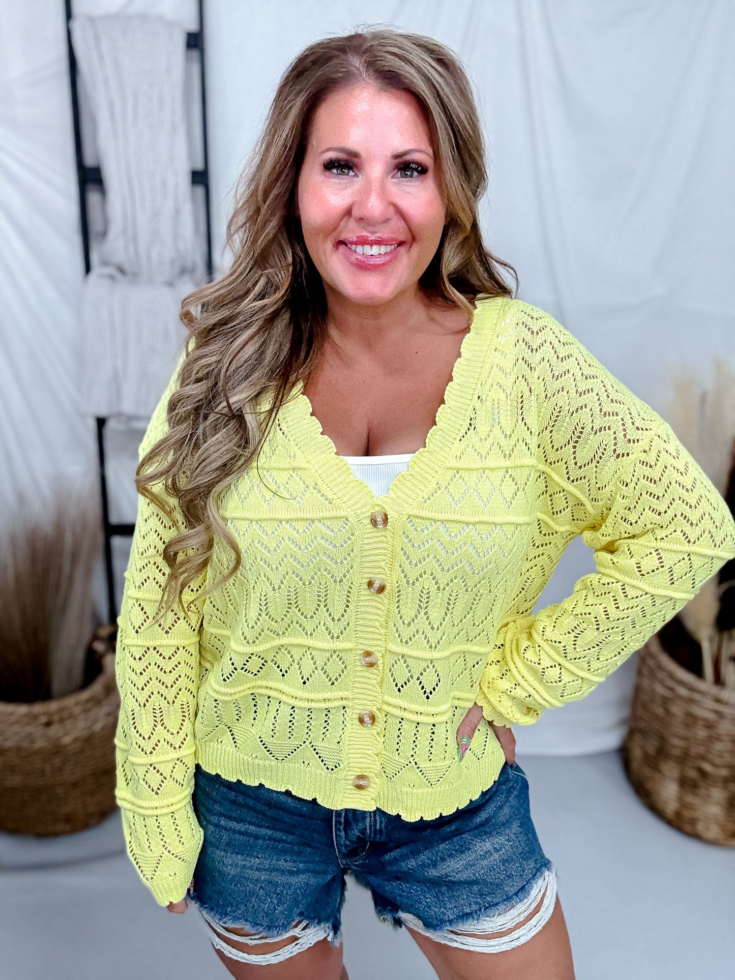 Yellow Long Sleeve Knit Cardigan With Scalloped Edges - Whiskey Skies - WHITE BIRCH