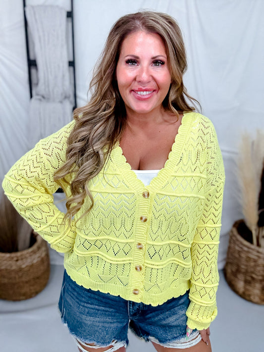 Yellow Long Sleeve Knit Cardigan With Scalloped Edges - Whiskey Skies - WHITE BIRCH