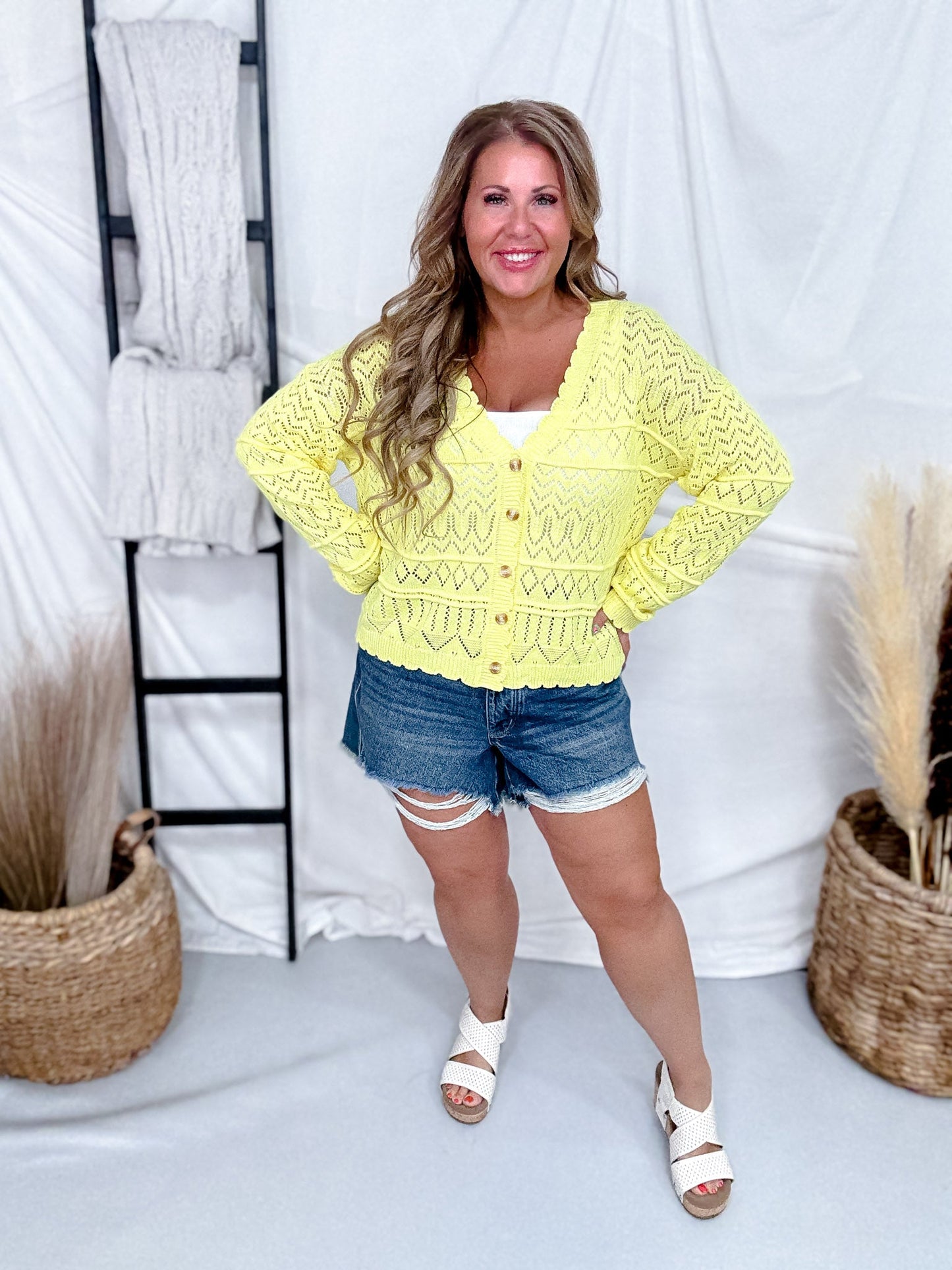 Yellow Long Sleeve Knit Cardigan With Scalloped Edges - Whiskey Skies - WHITE BIRCH