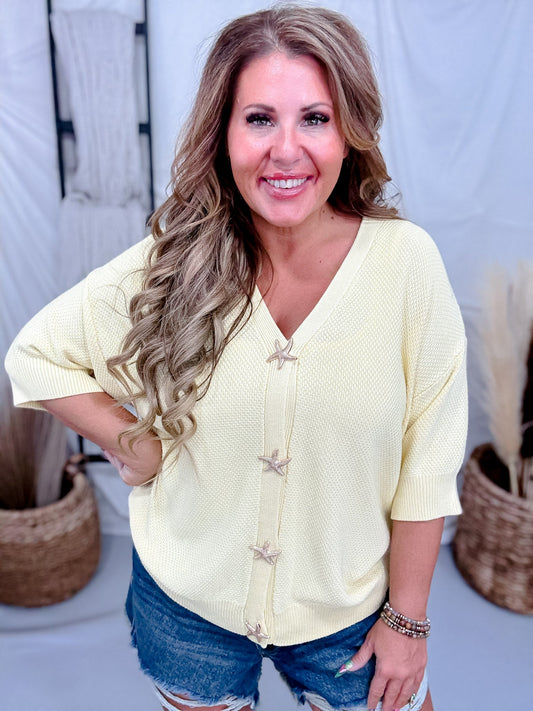 Yellow Short Sleeve Cardigan With Starfish Buttons - Whiskey Skies - GEEGEE