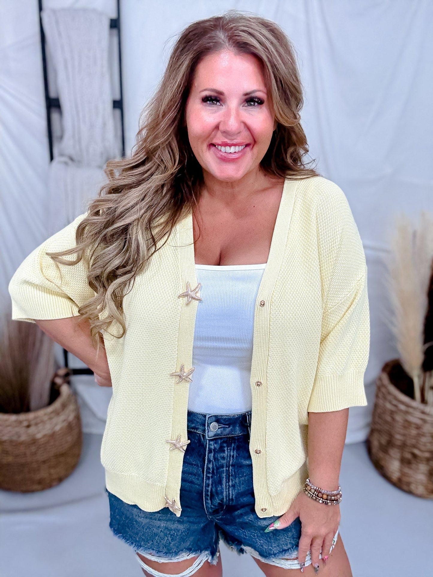 Yellow Short Sleeve Cardigan With Starfish Buttons - Whiskey Skies - GEEGEE