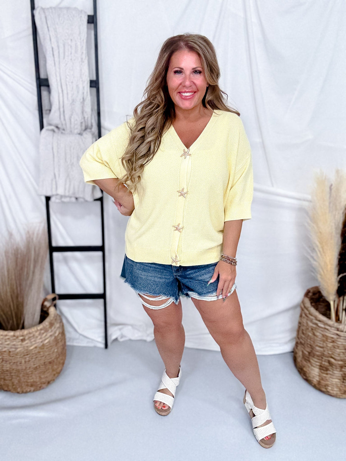 Yellow Short Sleeve Cardigan With Starfish Buttons - Whiskey Skies - GEEGEE