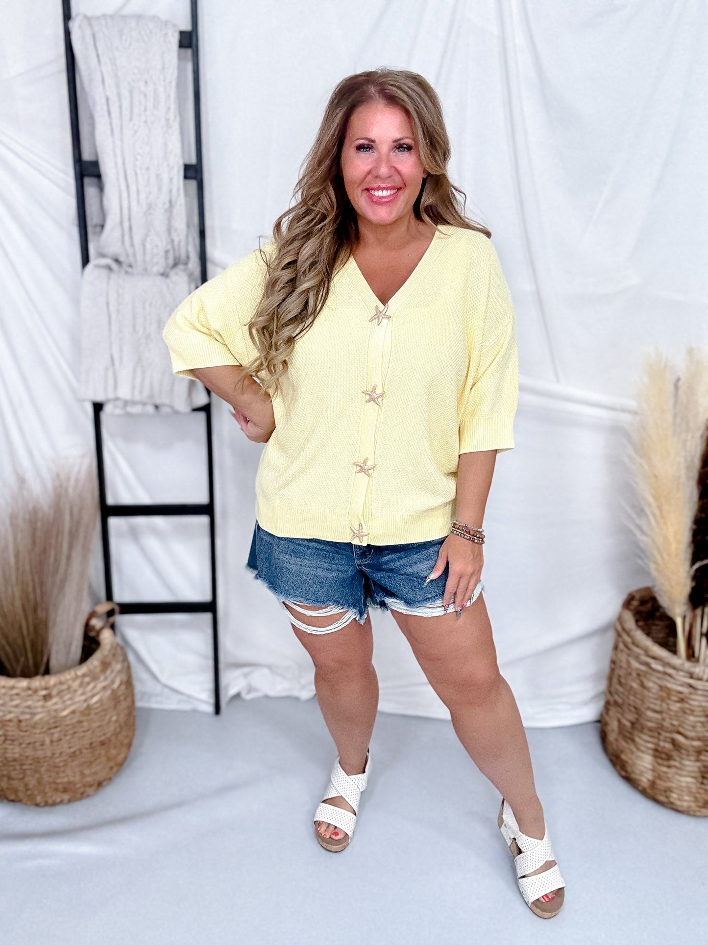 Yellow Short Sleeve Cardigan With Starfish Buttons - Whiskey Skies - GEEGEE