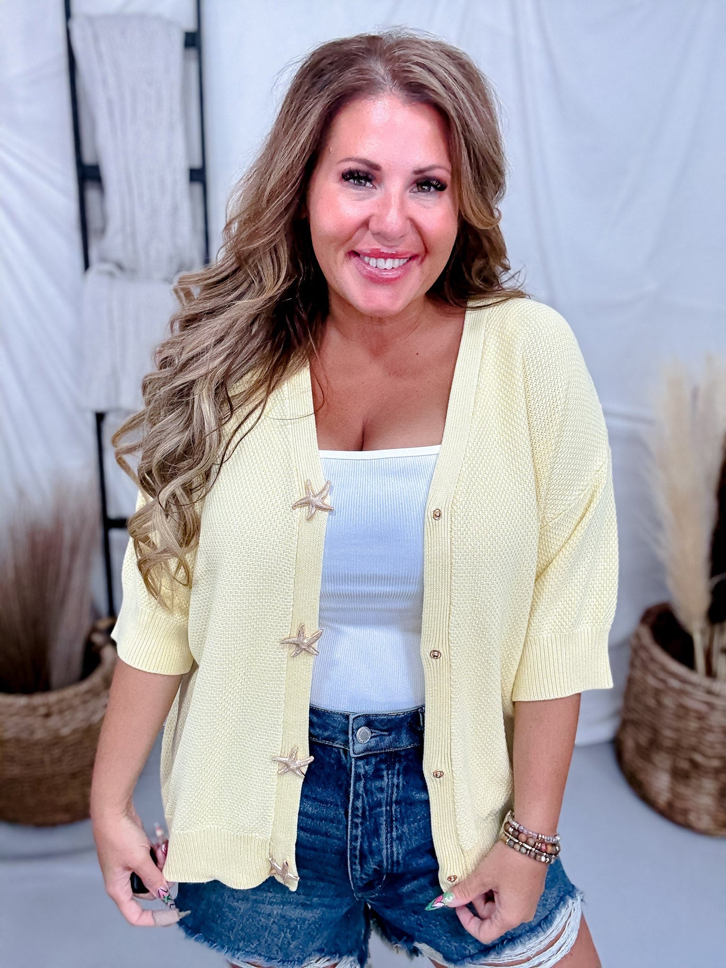 Yellow Short Sleeve Cardigan With Starfish Buttons - Whiskey Skies - GEEGEE