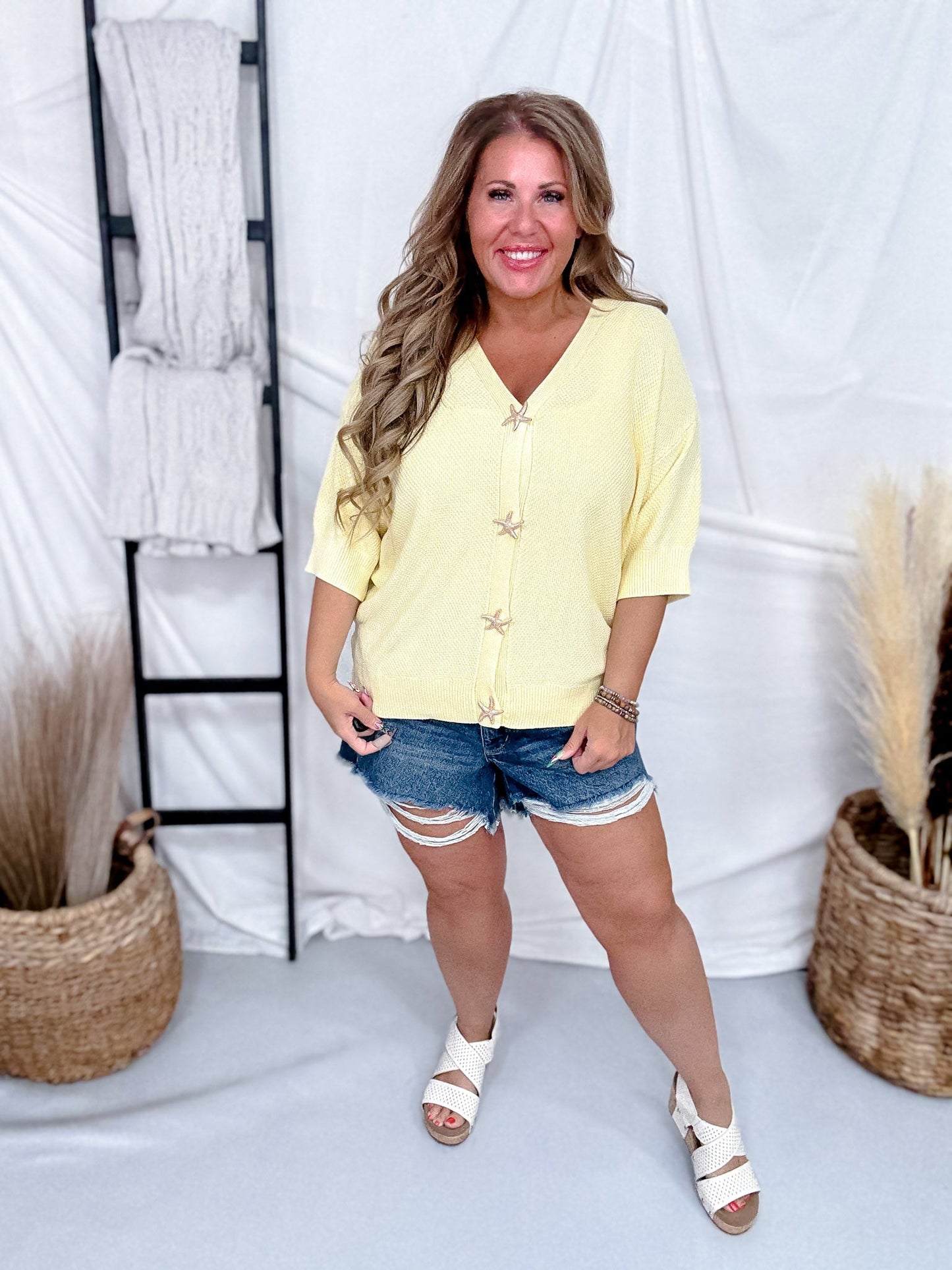 Yellow Short Sleeve Cardigan With Starfish Buttons - Whiskey Skies - GEEGEE