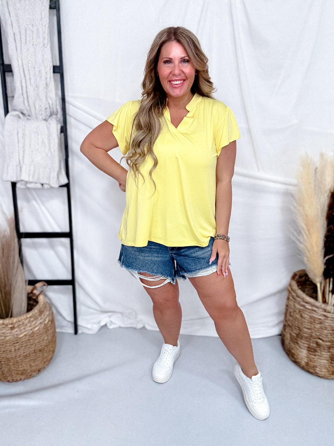 Yellow Split Neckline Top With Flutter Sleeves - Whiskey Skies - SOUTHERN GRACE