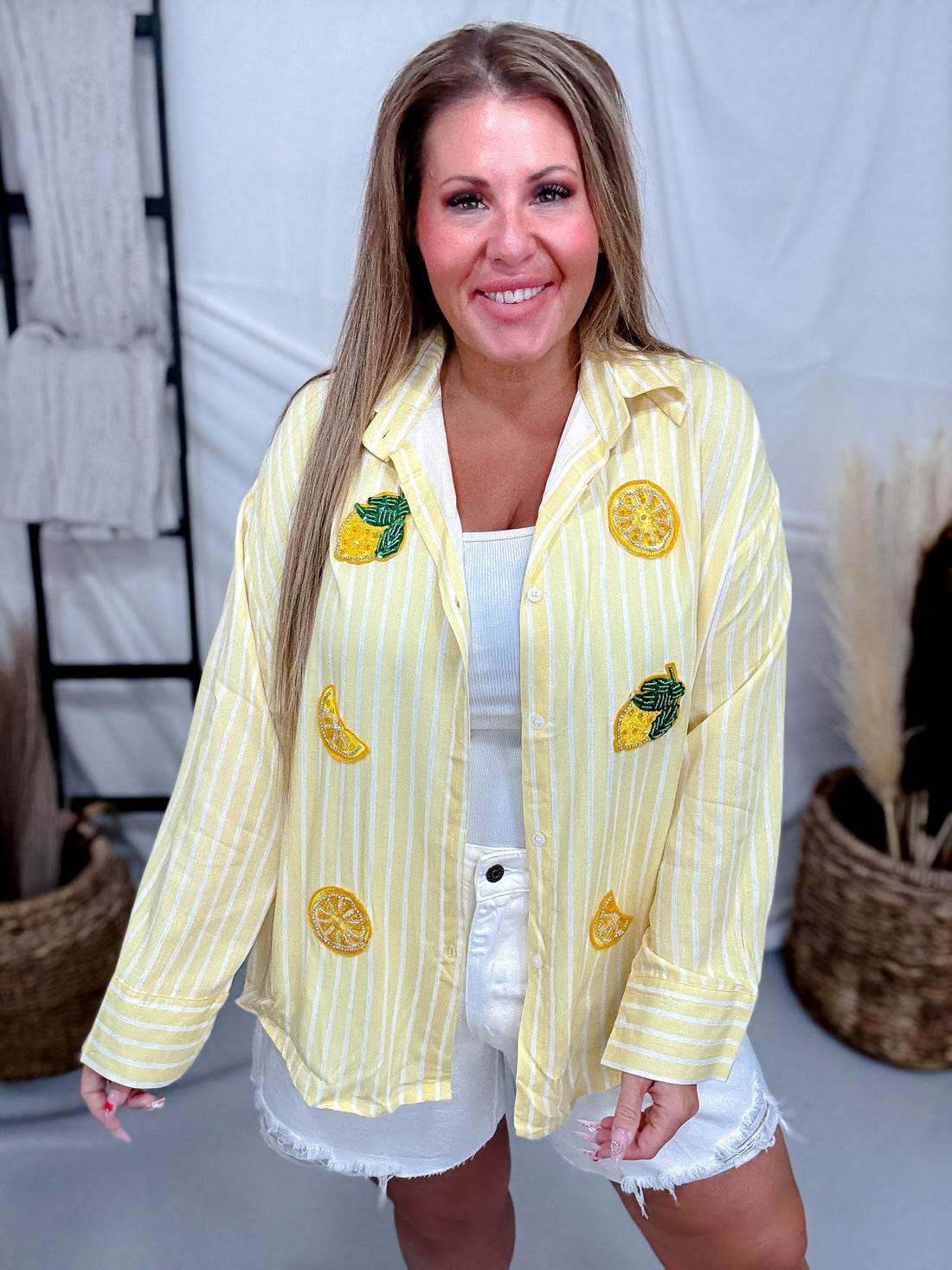 Yellow Striped Button Front Top With Sequin Lemons - Whiskey Skies - SOUTHERN GRACE