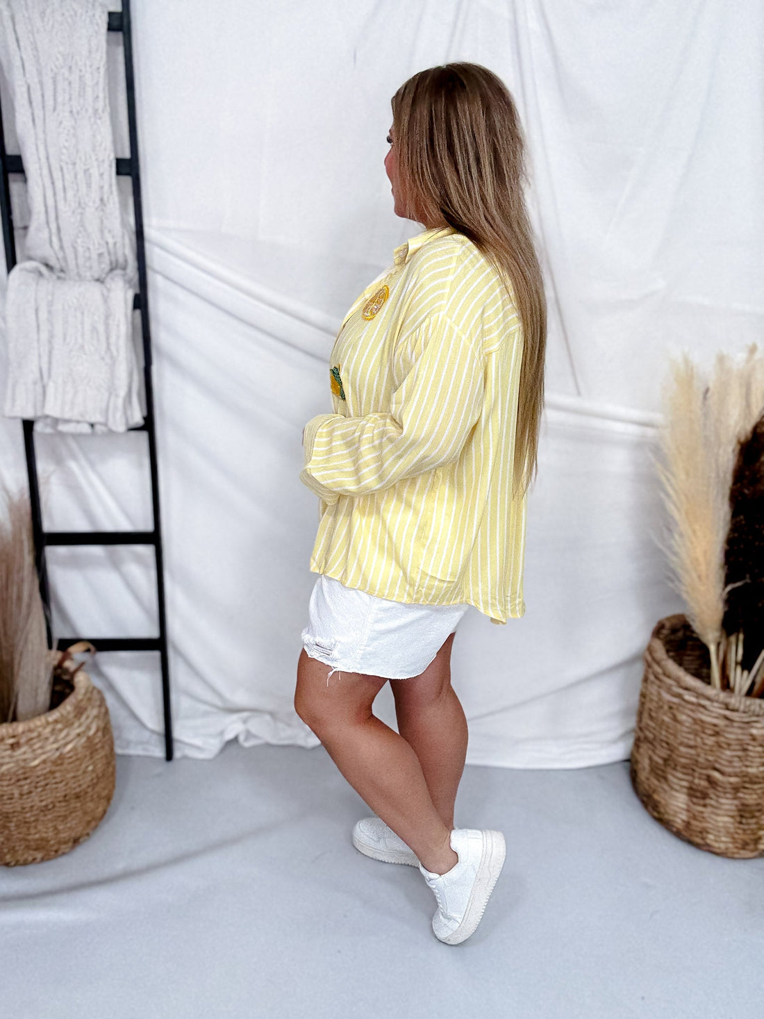 Yellow Striped Button Front Top With Sequin Lemons - Whiskey Skies - SOUTHERN GRACE