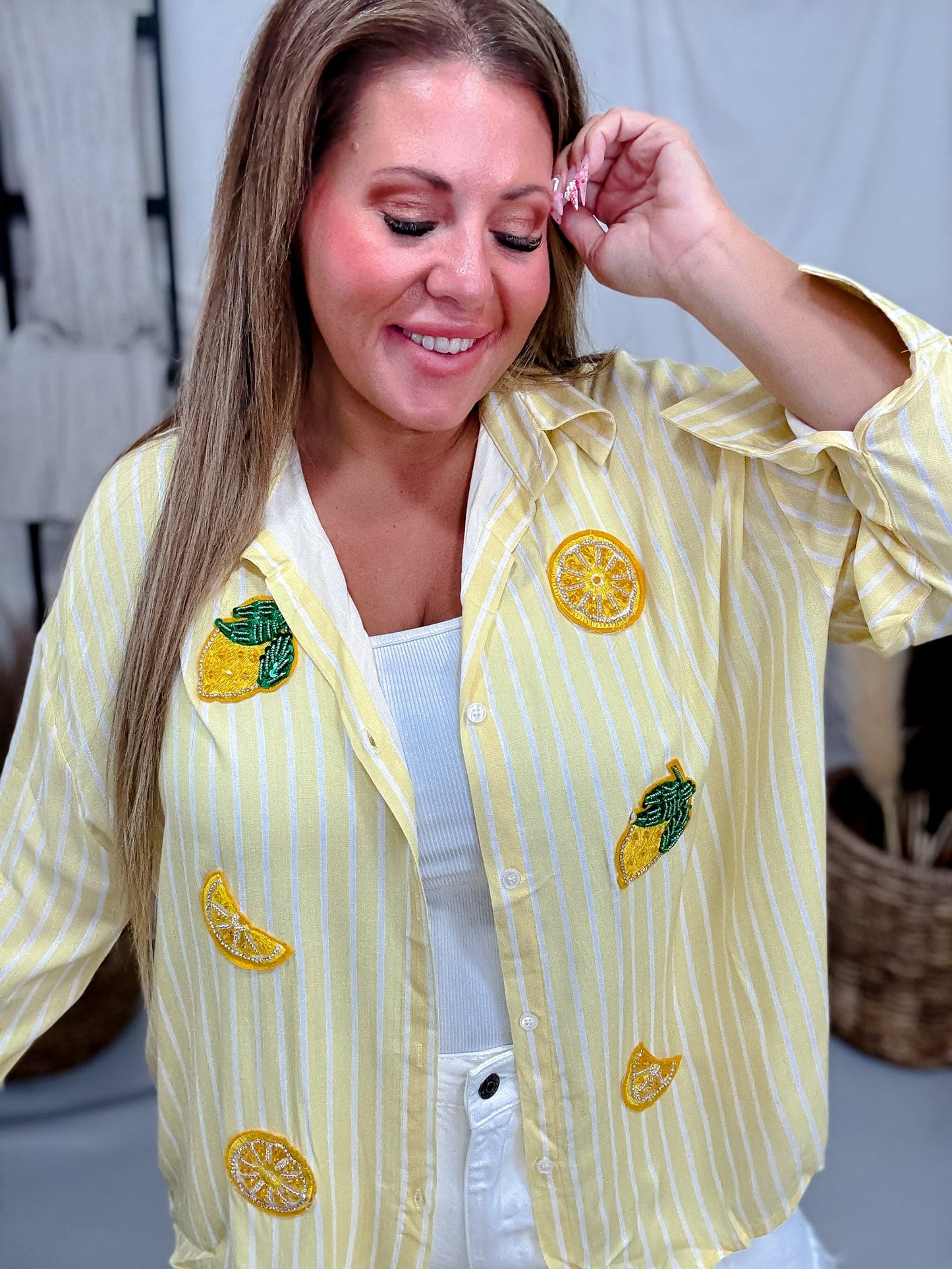 Yellow Striped Button Front Top With Sequin Lemons - Whiskey Skies - SOUTHERN GRACE