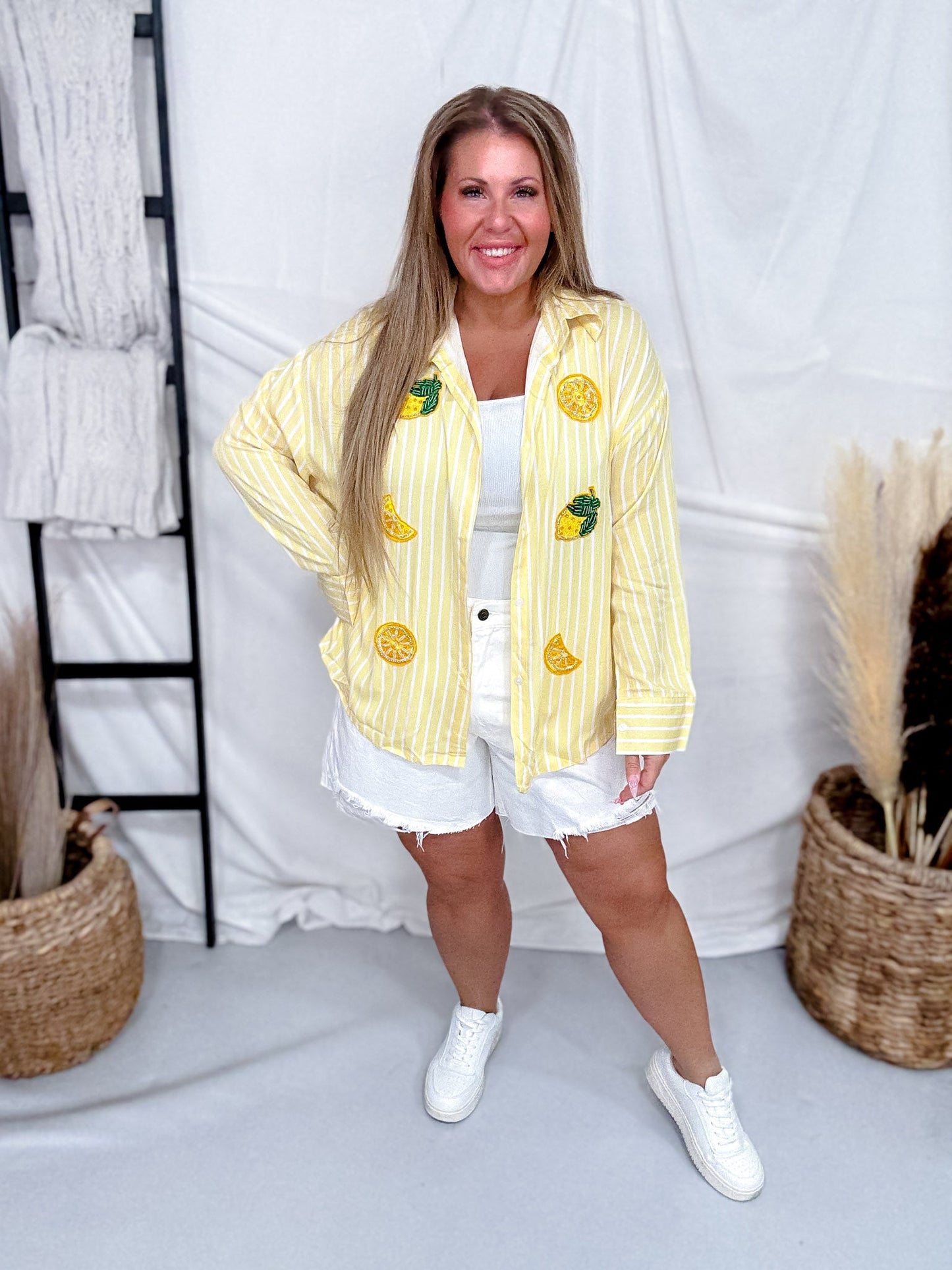 Yellow Striped Button Front Top With Sequin Lemons - Whiskey Skies - SOUTHERN GRACE