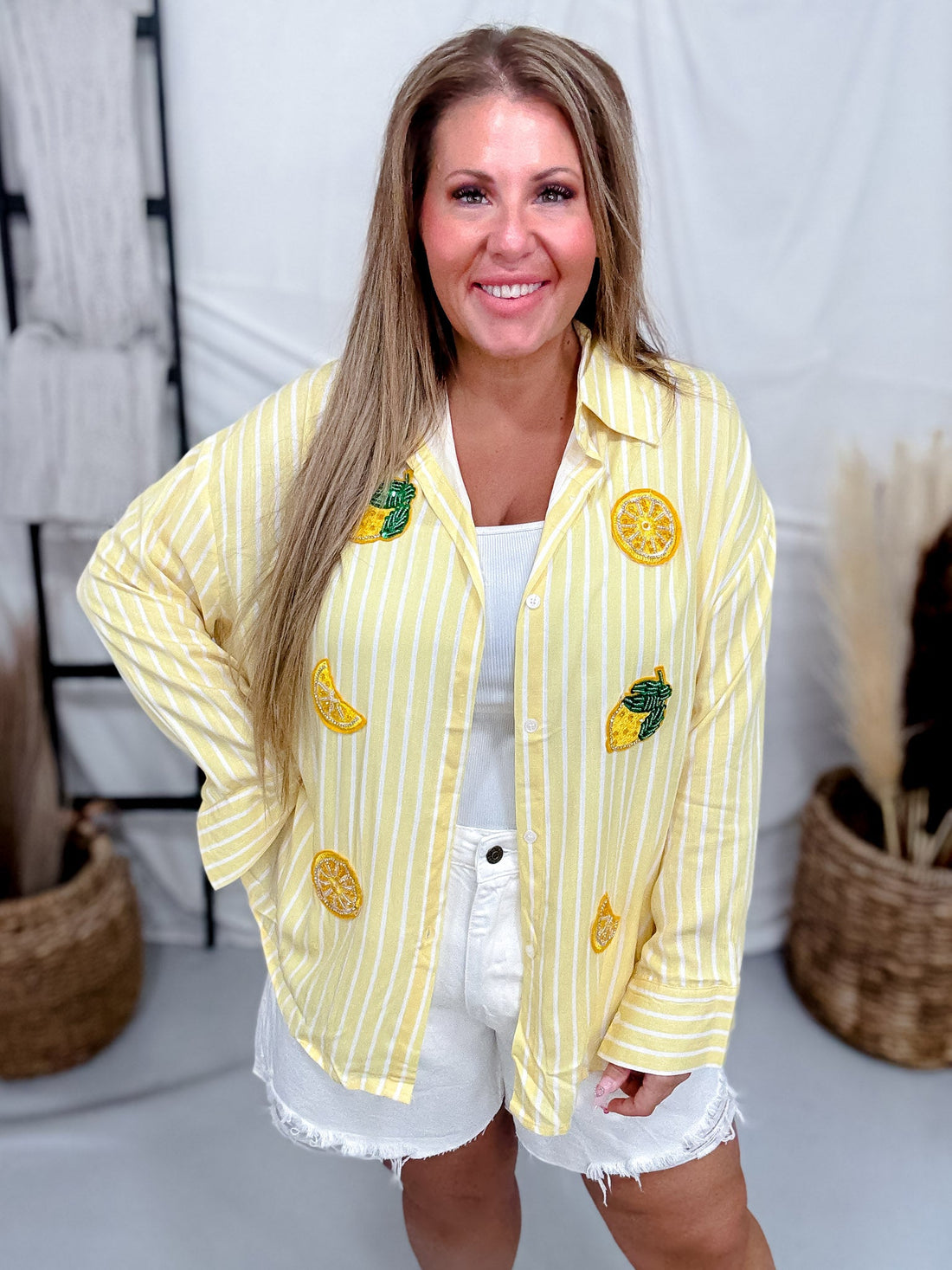 Yellow Striped Button Front Top With Sequin Lemons - Whiskey Skies - SOUTHERN GRACE