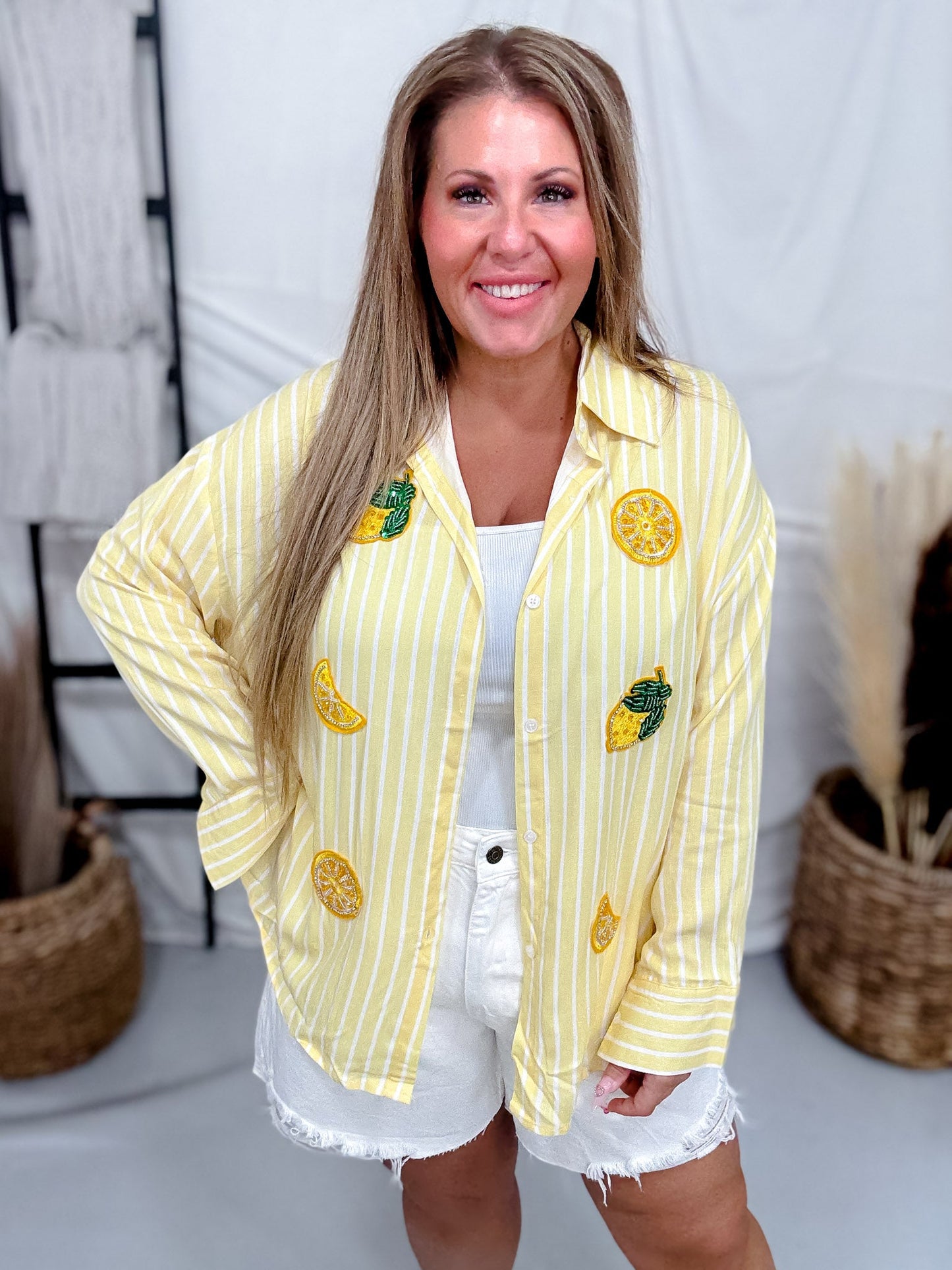 Yellow Striped Button Front Top With Sequin Lemons - Whiskey Skies - SOUTHERN GRACE