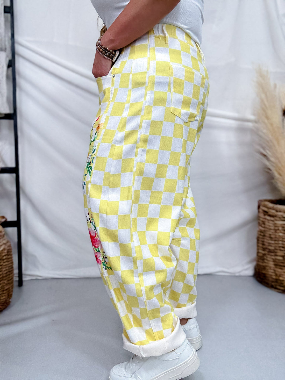 Yellow & White Checkerboard Barrel Leg Pants With Floral Print - Whiskey Skies - ODDI