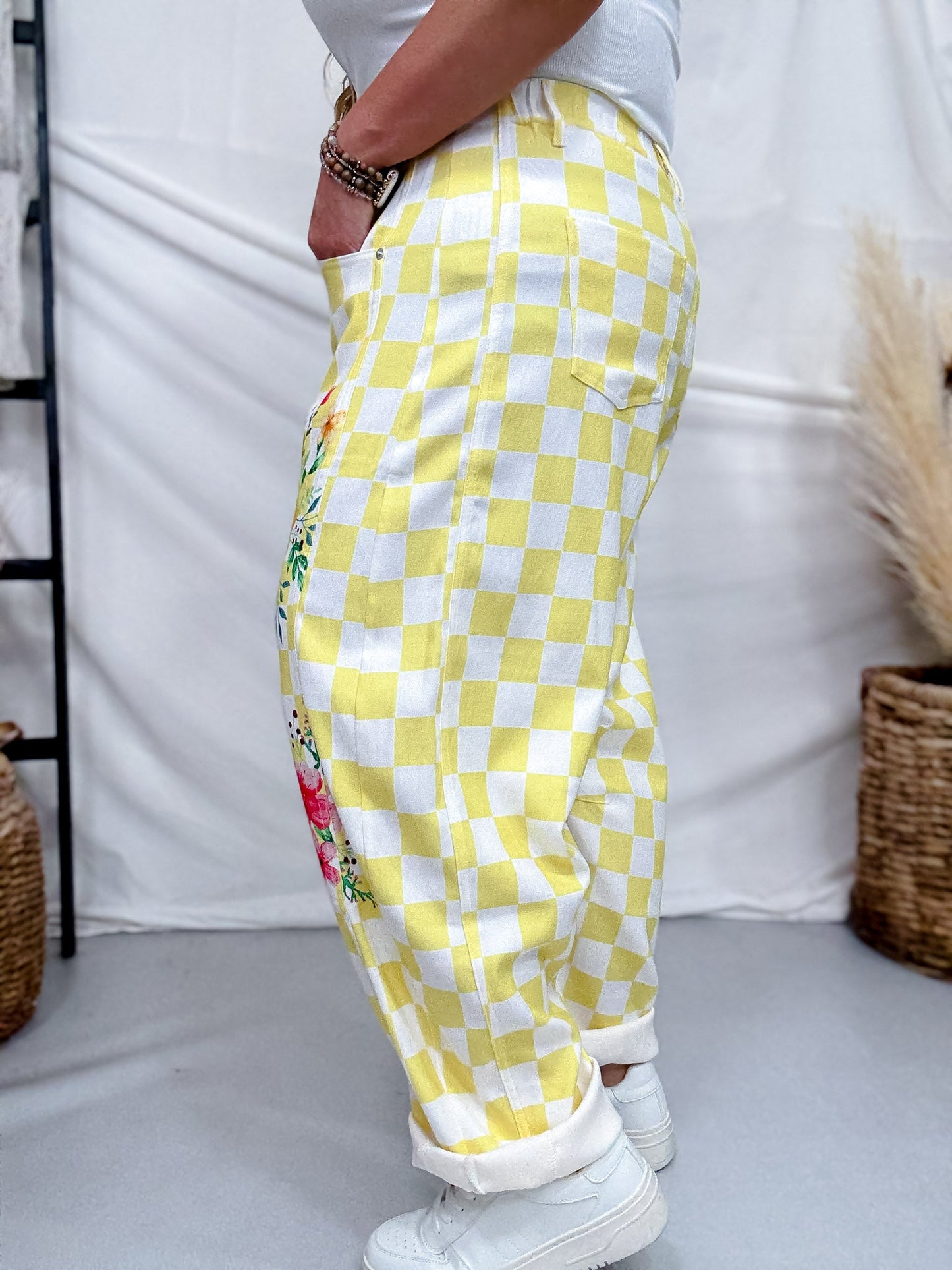 Yellow & White Checkerboard Barrel Leg Pants With Floral Print - Whiskey Skies - ODDI
