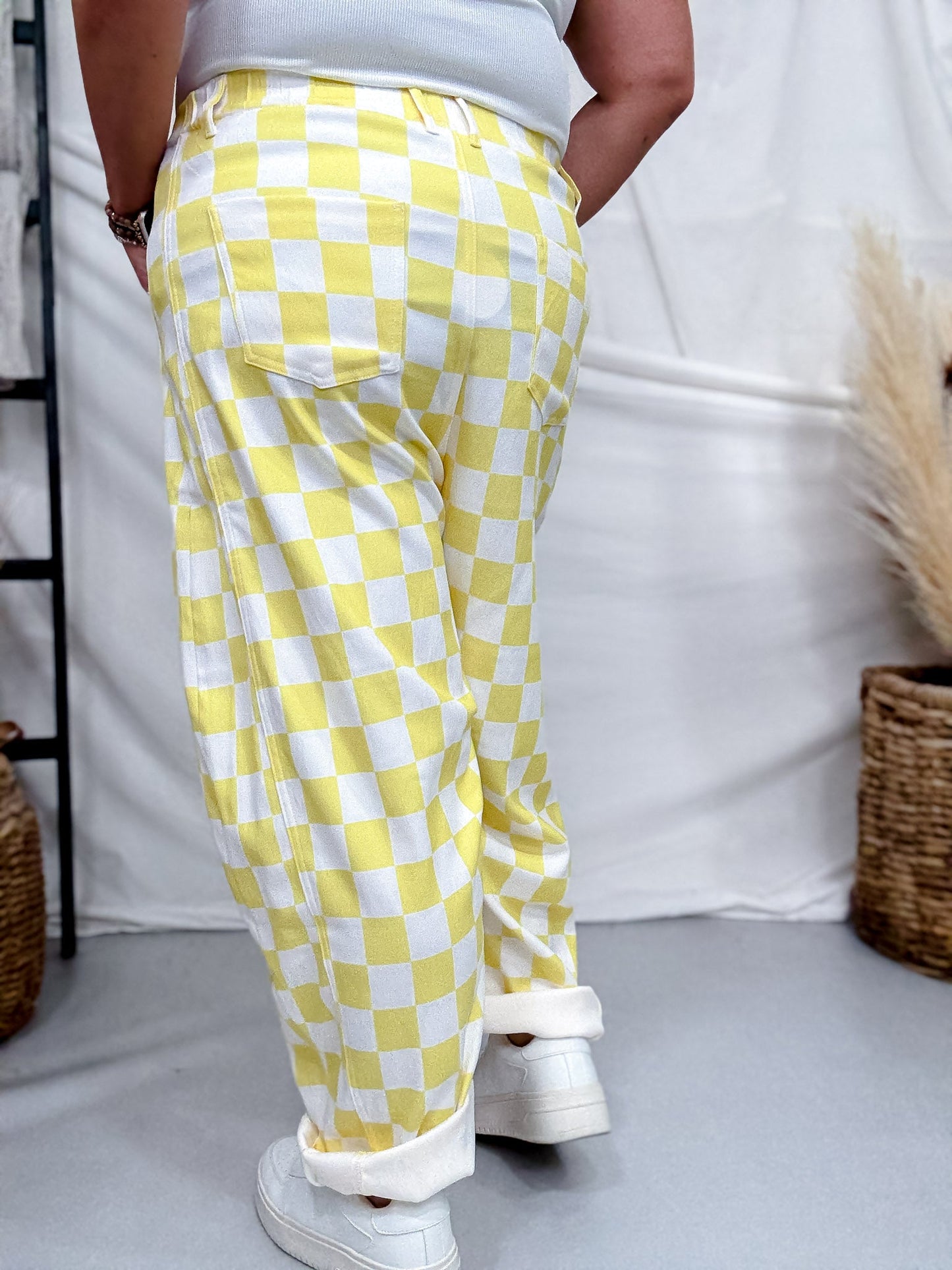 Yellow & White Checkerboard Barrel Leg Pants With Floral Print - Whiskey Skies - ODDI