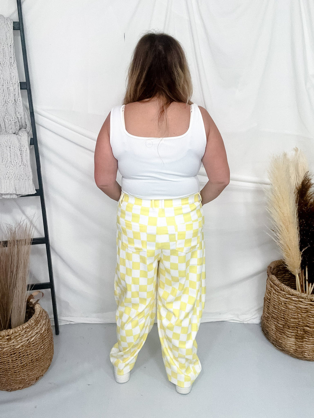Yellow & White Checkerboard Barrel Leg Pants With Floral Print - Whiskey Skies - ODDI