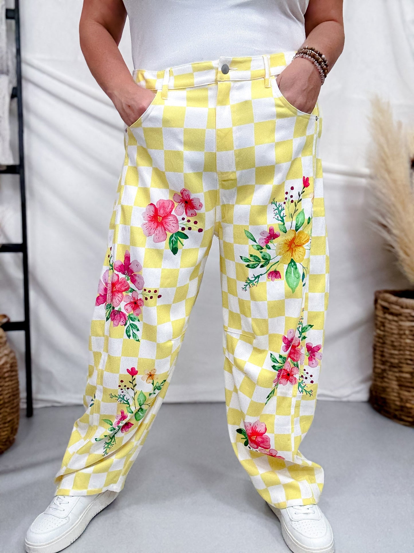 Yellow & White Checkerboard Barrel Leg Pants With Floral Print - Whiskey Skies - ODDI