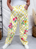 Yellow & White Checkerboard Barrel Leg Pants With Floral Print - Whiskey Skies - ODDI