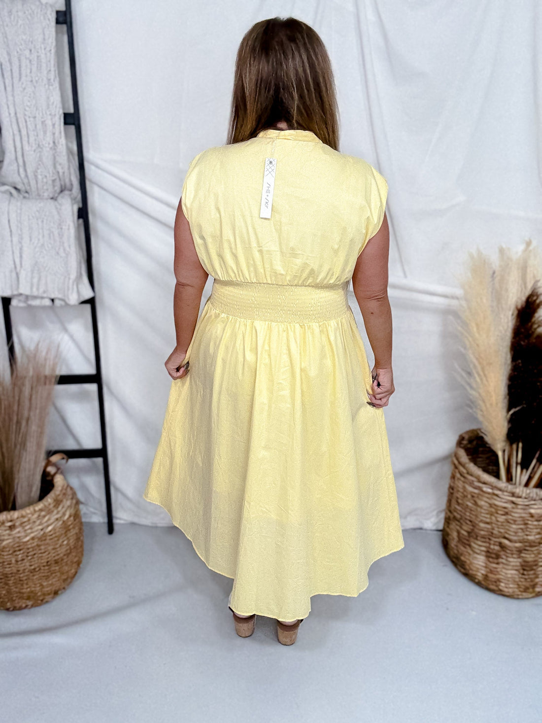 Yellow Zip Front Midi Dress With Smocked Waist - Whiskey Skies - SHE + SKY