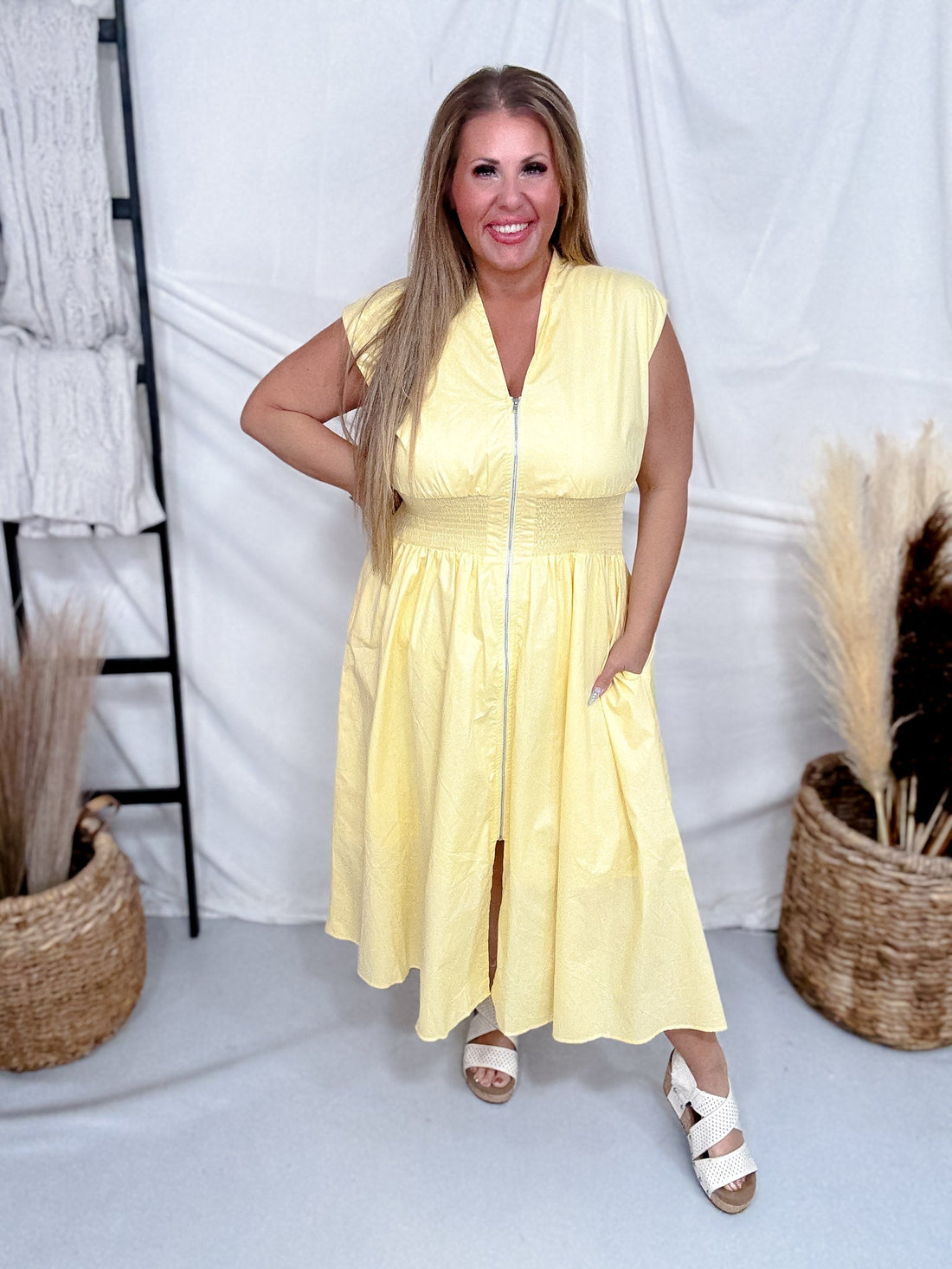 Yellow Zip Front Midi Dress With Smocked Waist - Whiskey Skies - SHE + SKY