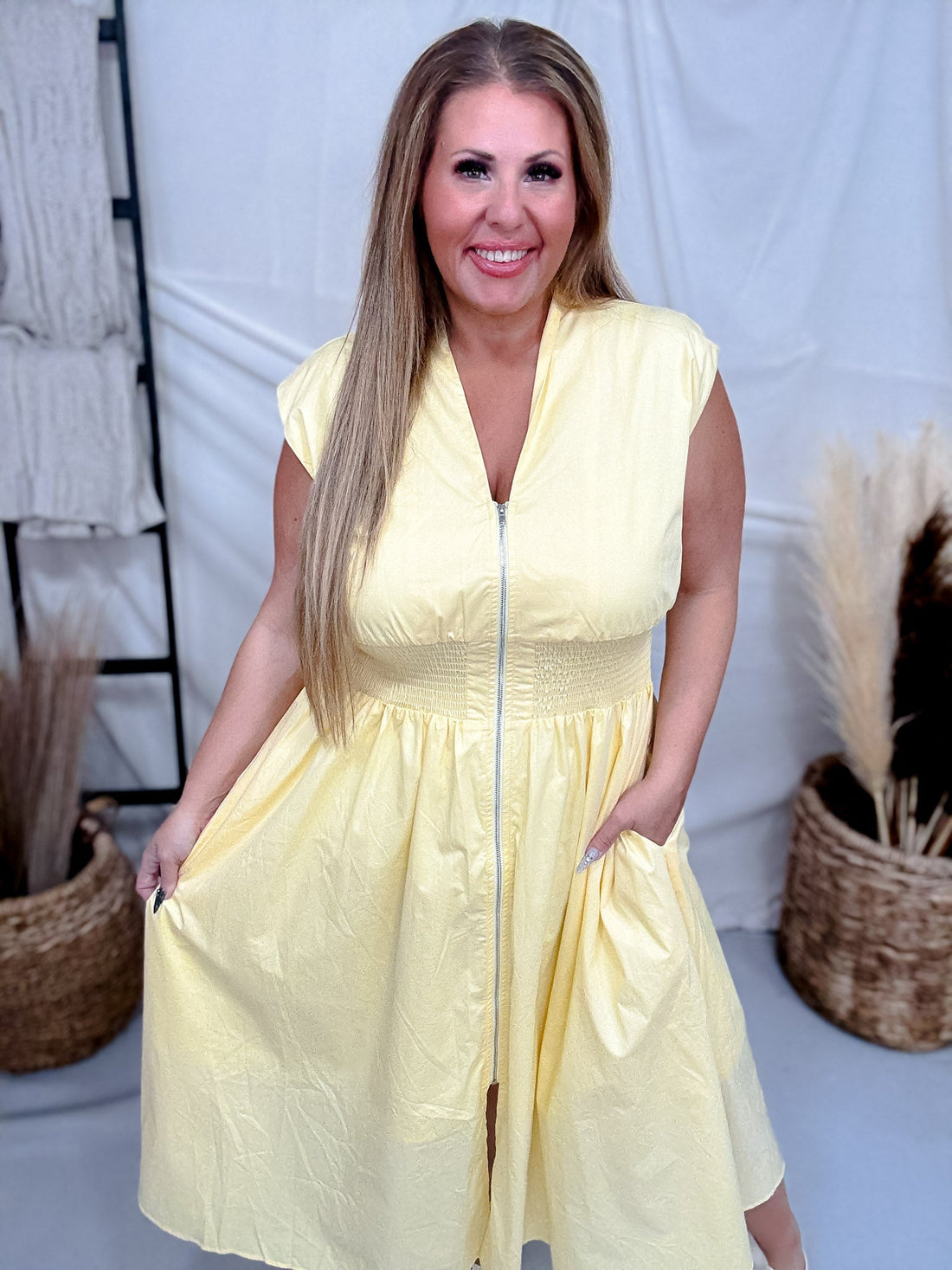 Yellow Zip Front Midi Dress With Smocked Waist - Whiskey Skies - SHE + SKY