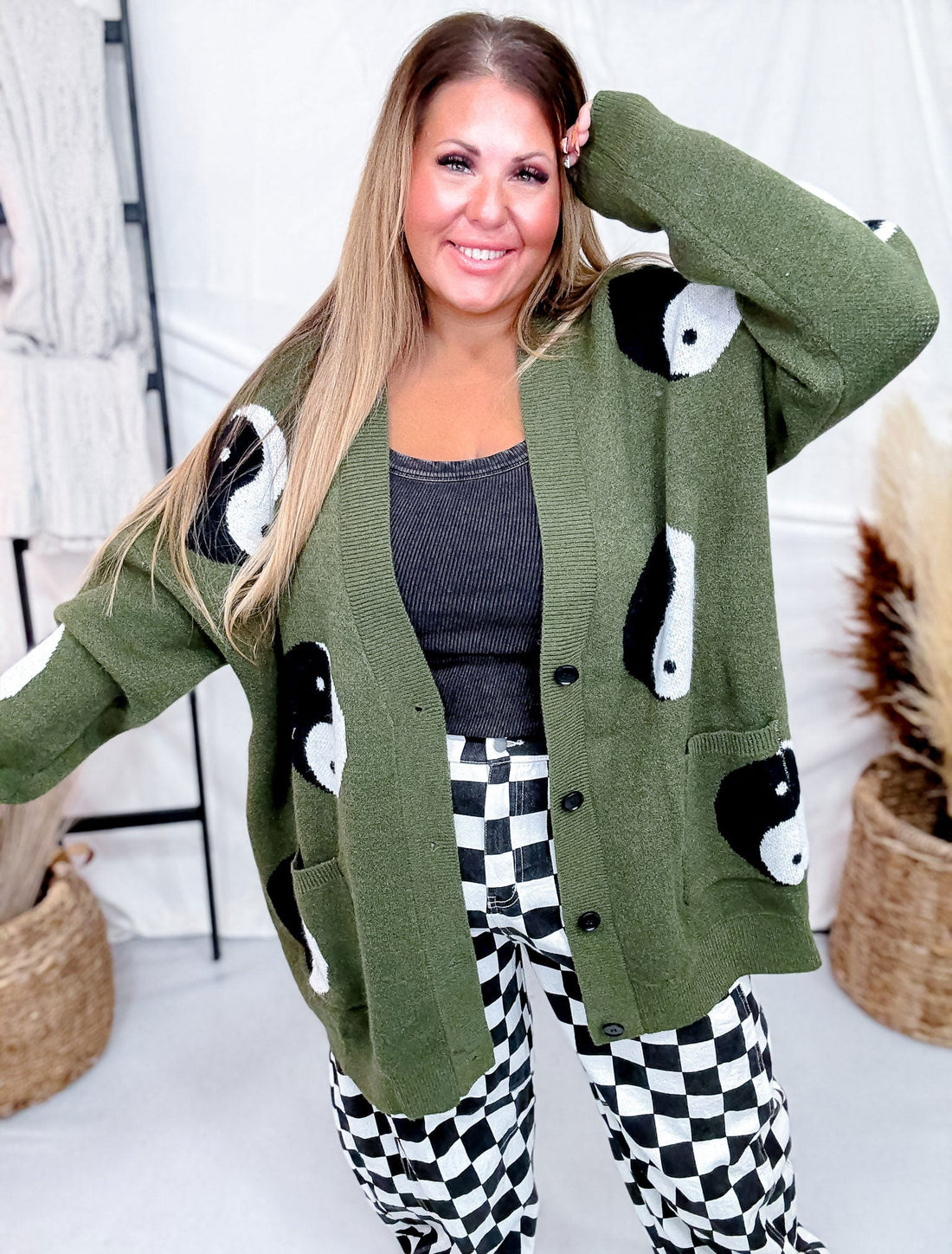 Yin Yang Olive Button Up Long Sleeve Cardigan - Whiskey Skies - JADE BY JANE