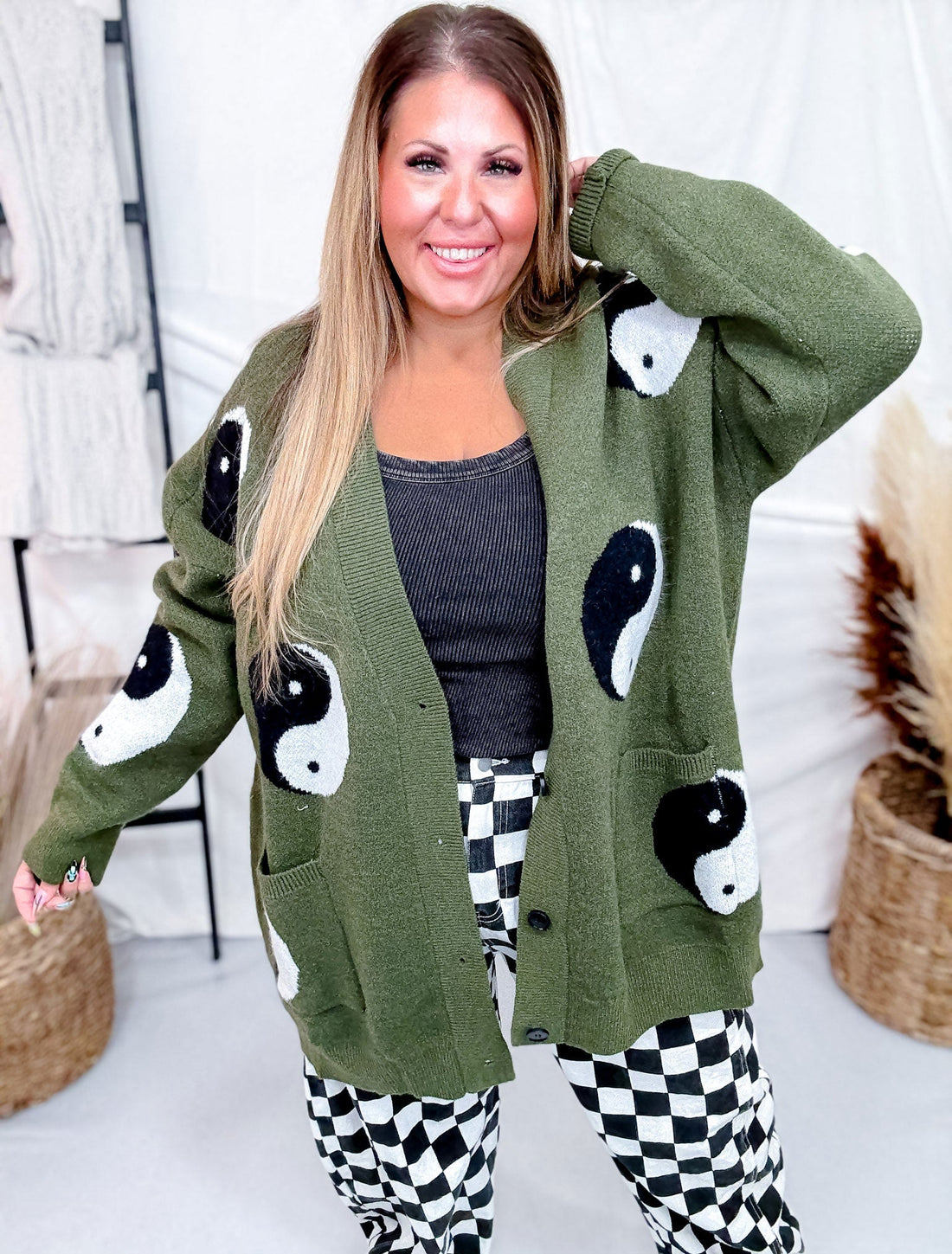 Yin Yang Olive Button Up Long Sleeve Cardigan - Whiskey Skies - JADE BY JANE