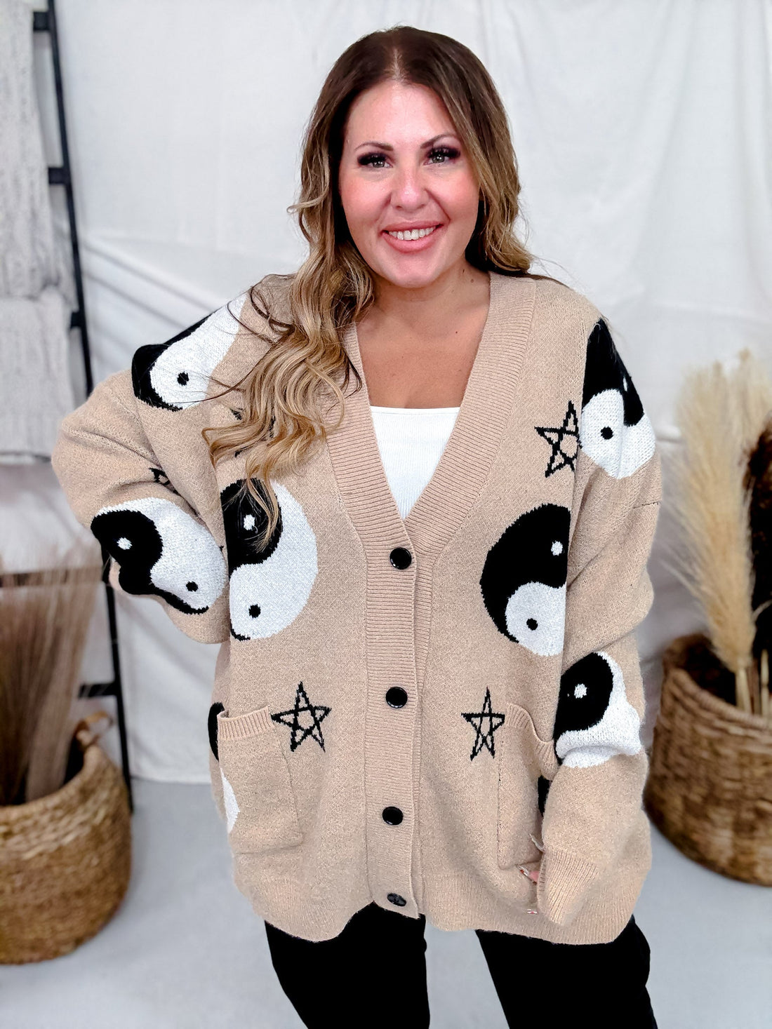 Yin Yang Star Print Cardigan In Oatmeal - Whiskey Skies - JADE BY JANE