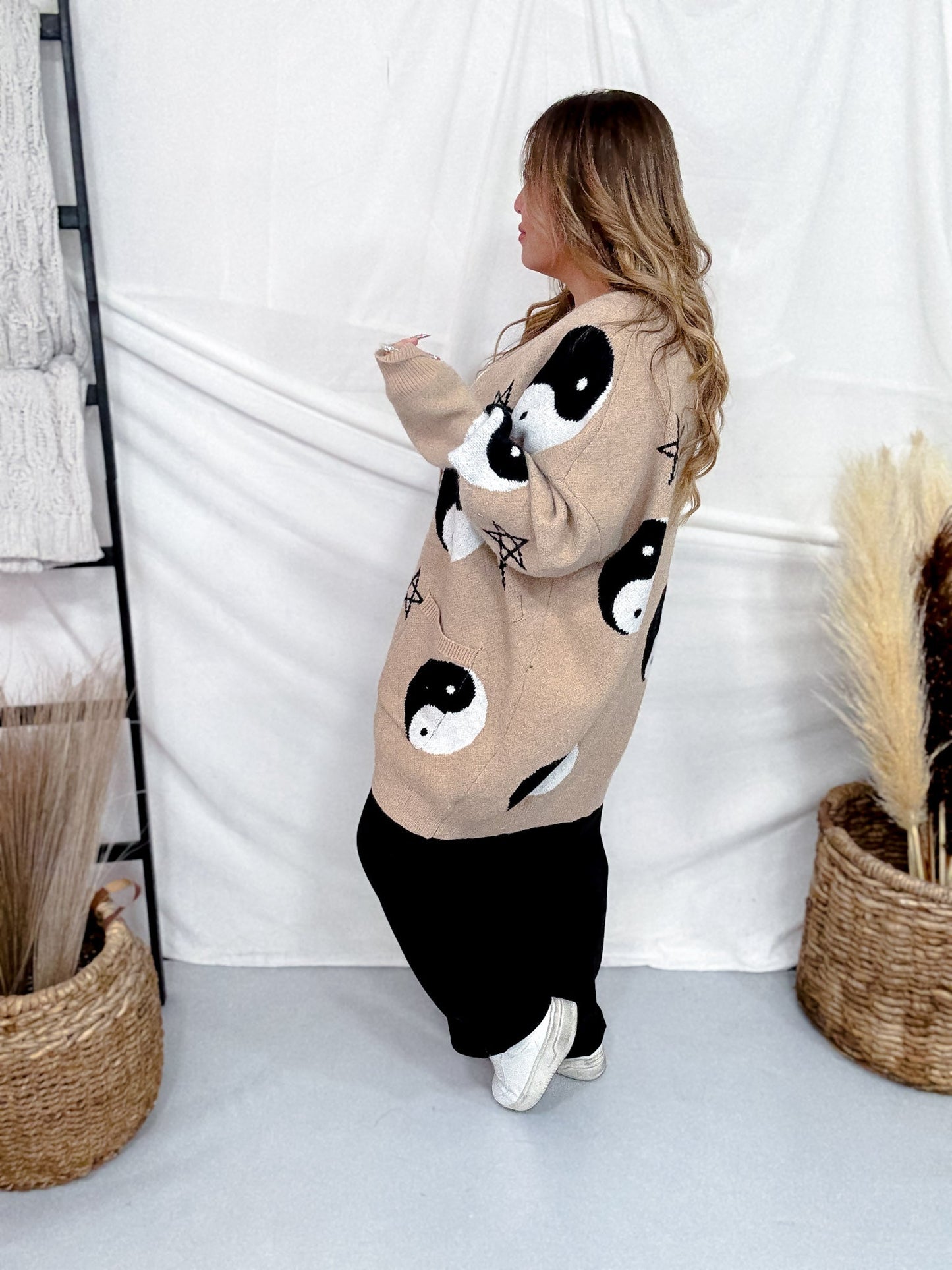 Yin Yang Star Print Cardigan In Oatmeal - Whiskey Skies - JADE BY JANE