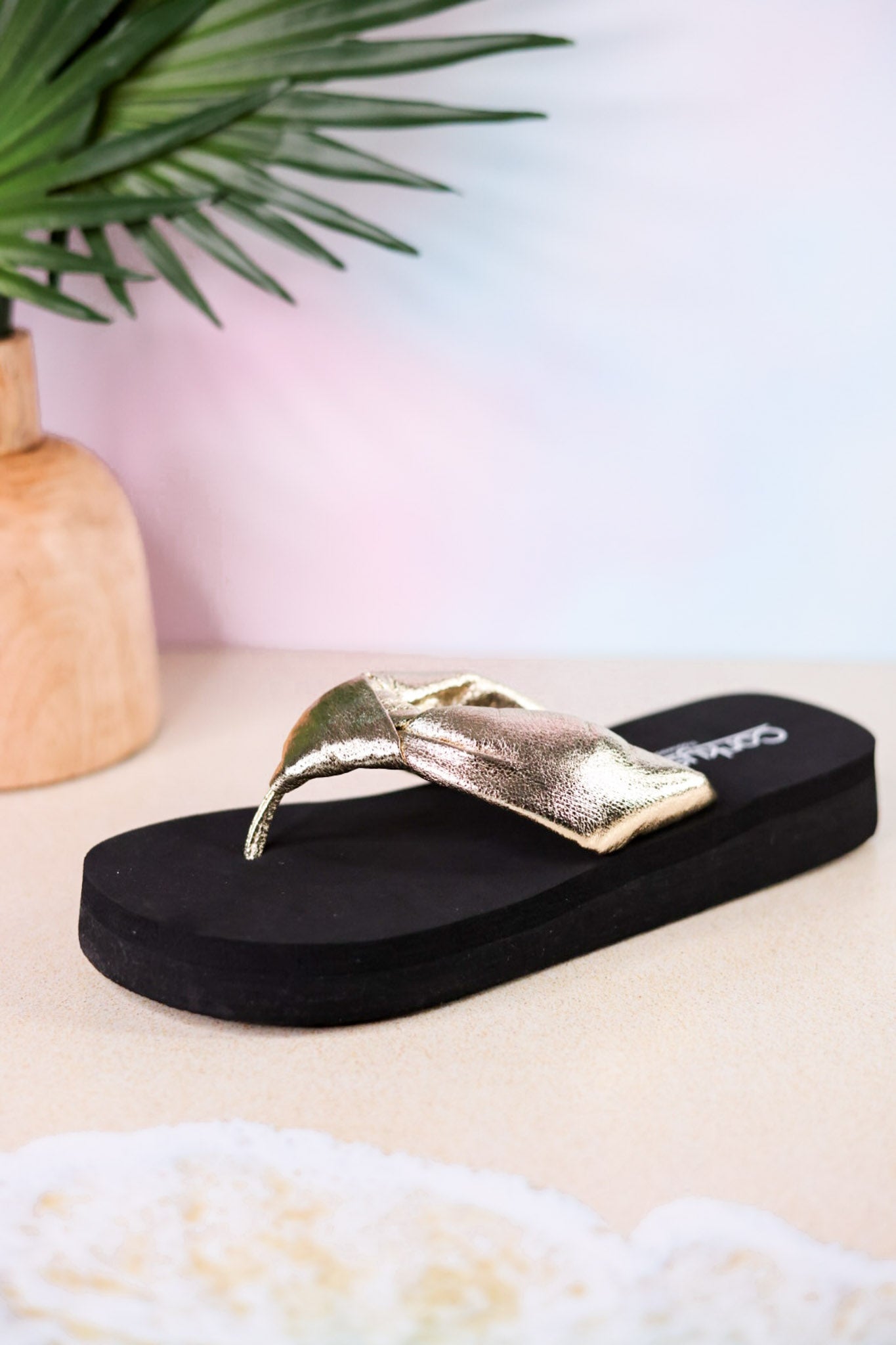 You Go Girl Flip Flops With Gold Straps - Whiskey Skies - CORKYS FOOTWEAR