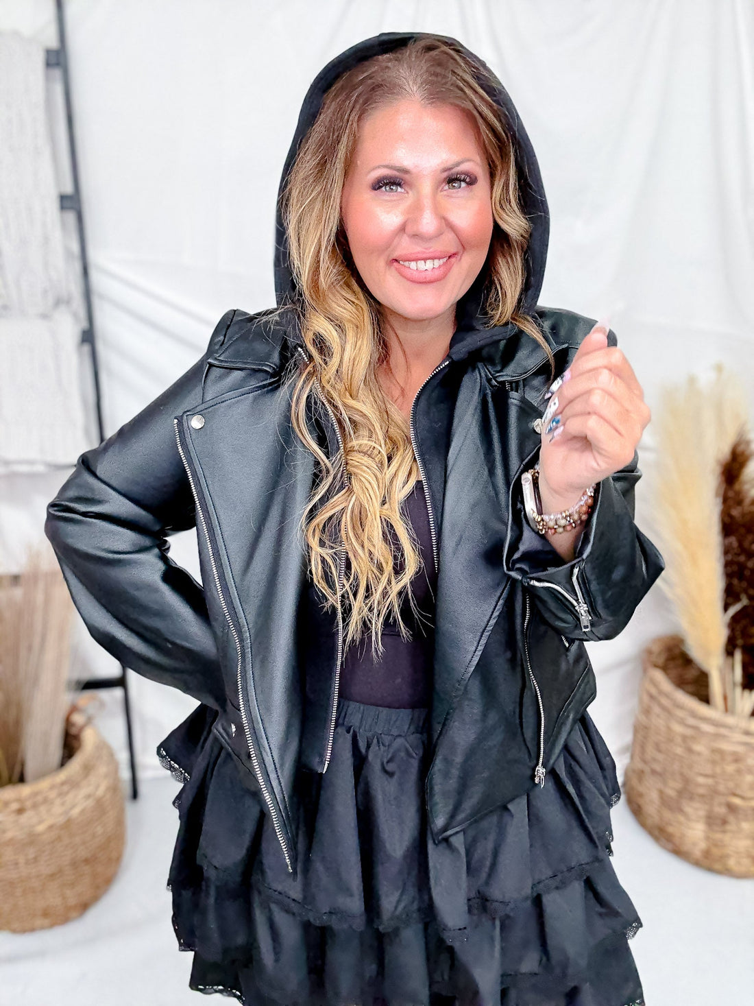 Zip Up Hooded Black Faux Leather Jacket - Whiskey Skies - WHITE BIRCH