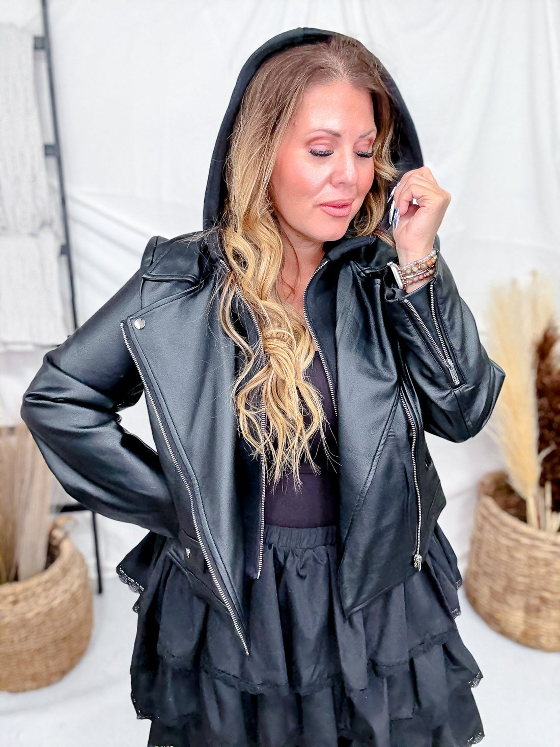 Zip Up Hooded Black Faux Leather Jacket - Whiskey Skies - WHITE BIRCH
