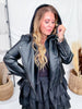 Zip Up Hooded Black Faux Leather Jacket - Whiskey Skies - WHITE BIRCH