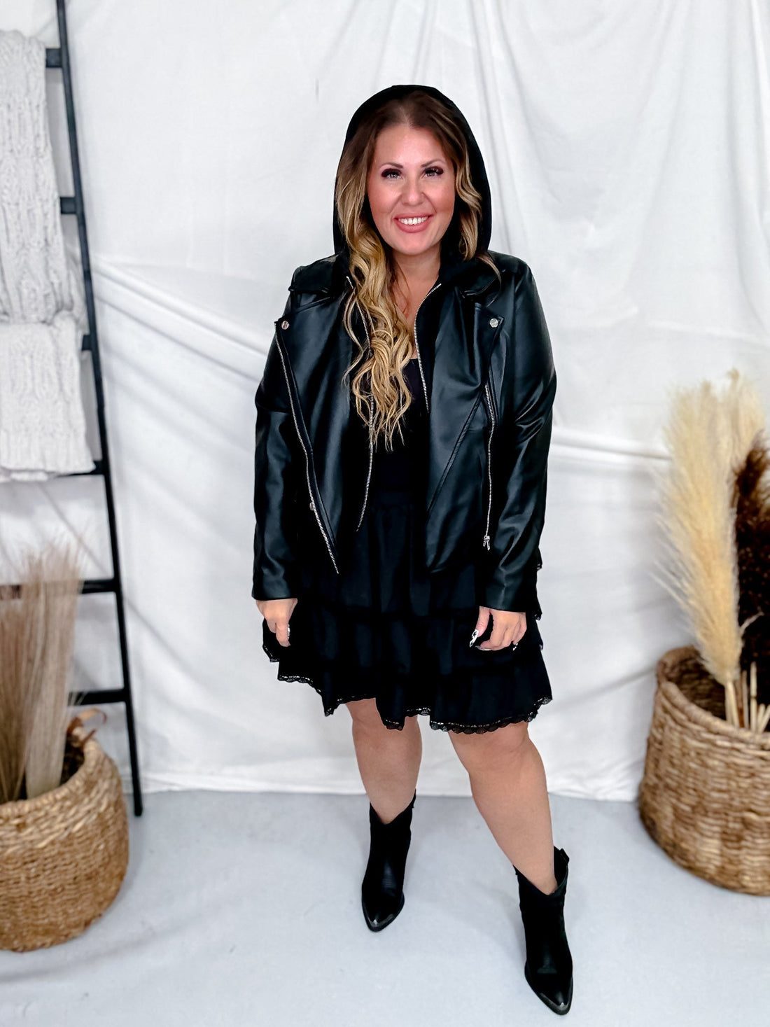 Zip Up Hooded Black Faux Leather Jacket - Whiskey Skies - WHITE BIRCH
