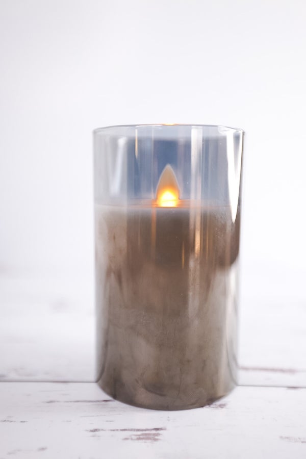 5" Battery-Operated Small Flicker Flame Candle In Grey Glass Jar - Whiskey Skies