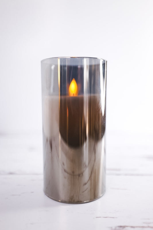 6" Battery-Operated Small Flicker Flame Candle In Grey Glass Jar - Whiskey Skies