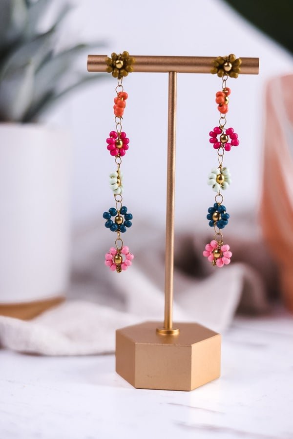Amanda Multi Color Flower Beaded Dangle Earrings Rainbow - Whiskey Skies