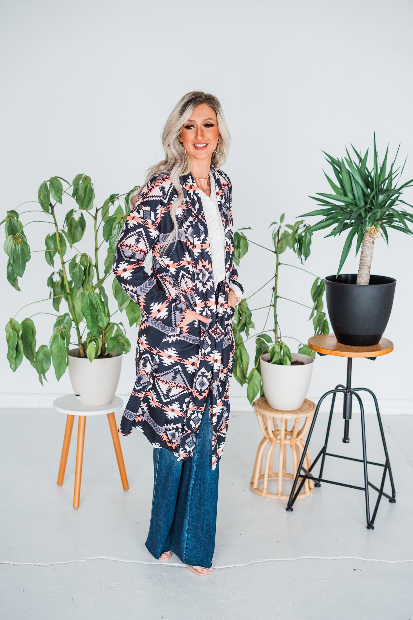 Aztec Print Open Cardigan - Whiskey Skies