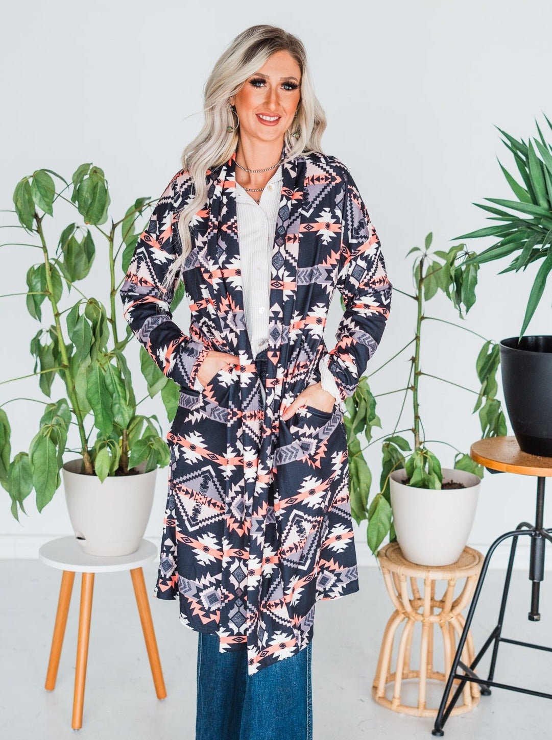 Aztec Print Open Cardigan - Whiskey Skies