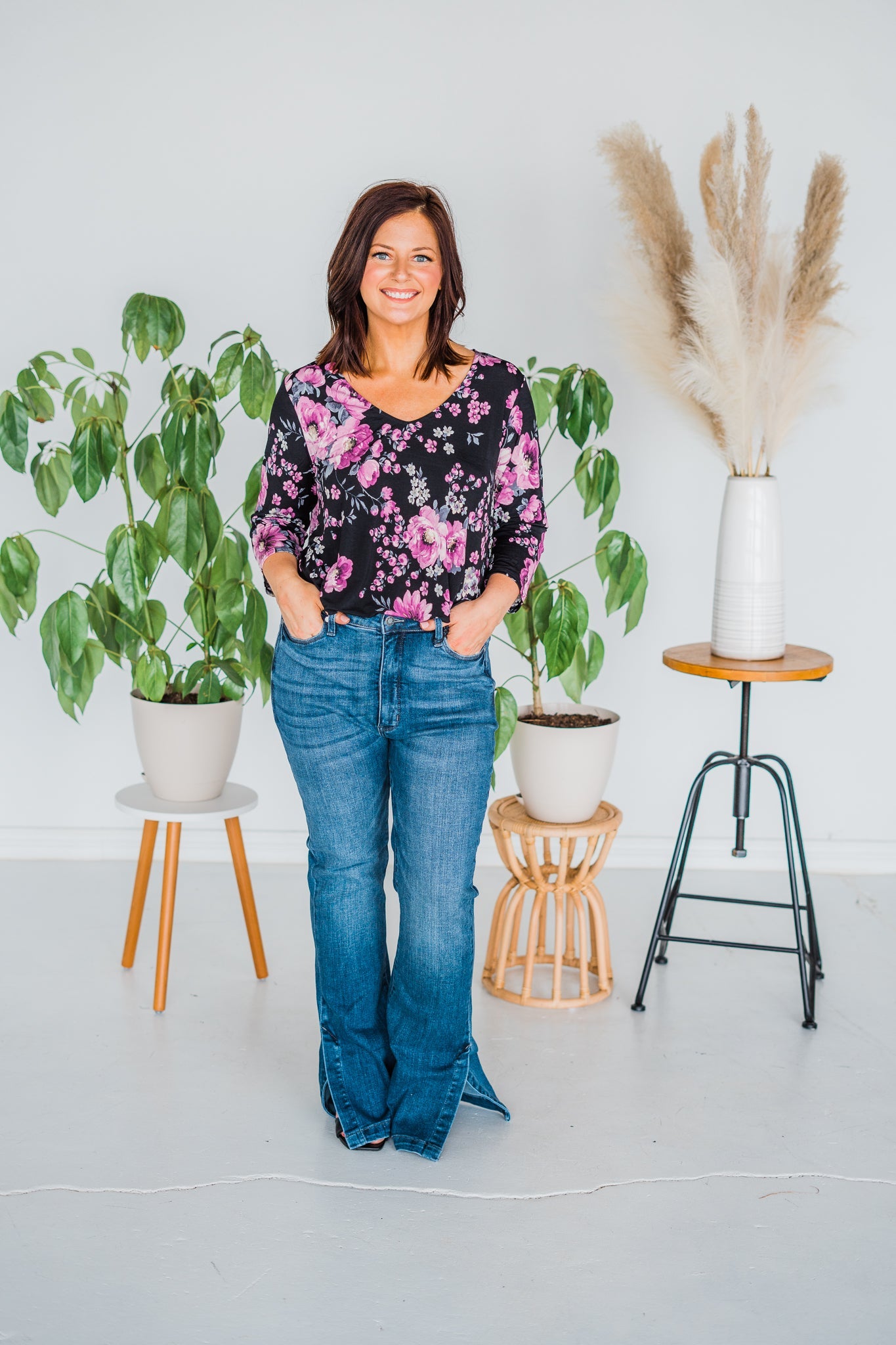 Black And Magenta Floral 3/4 Sleeve V-Neck Top - Whiskey Skies