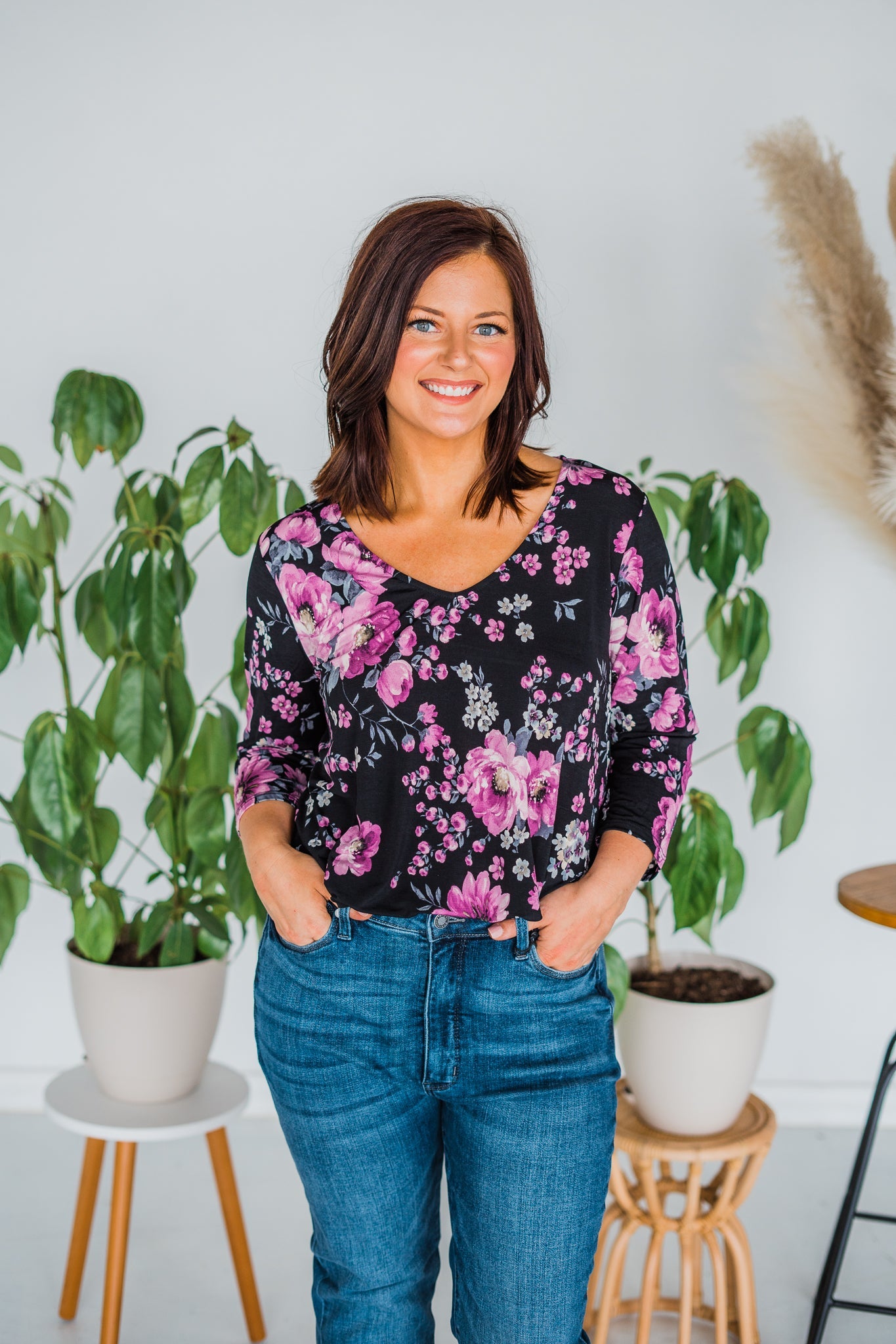Black And Magenta Floral 3/4 Sleeve V-Neck Top - Whiskey Skies